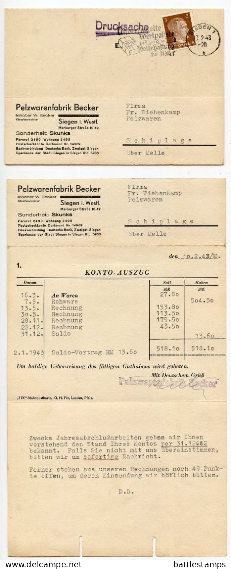 Germany 1943 Drucksache Postcard; Siegen, Pelzwarenfabrik Becker To Schiplage; 3pf. Hitler Stamp & Slogan Cancel - Cartas & Documentos