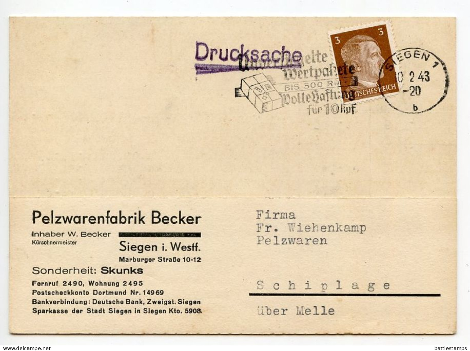 Germany 1943 Drucksache Postcard; Siegen, Pelzwarenfabrik Becker To Schiplage; 3pf. Hitler Stamp & Slogan Cancel - Cartas & Documentos