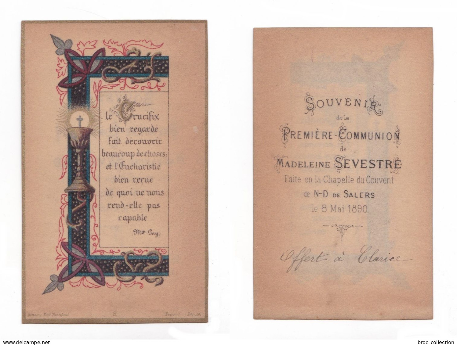 Salers, 1re Communion De Madeleine Sevestre, 1890, Chapelle Du Couvent De Notre-Dame, éd. Bonamy N° 8 - Devotieprenten