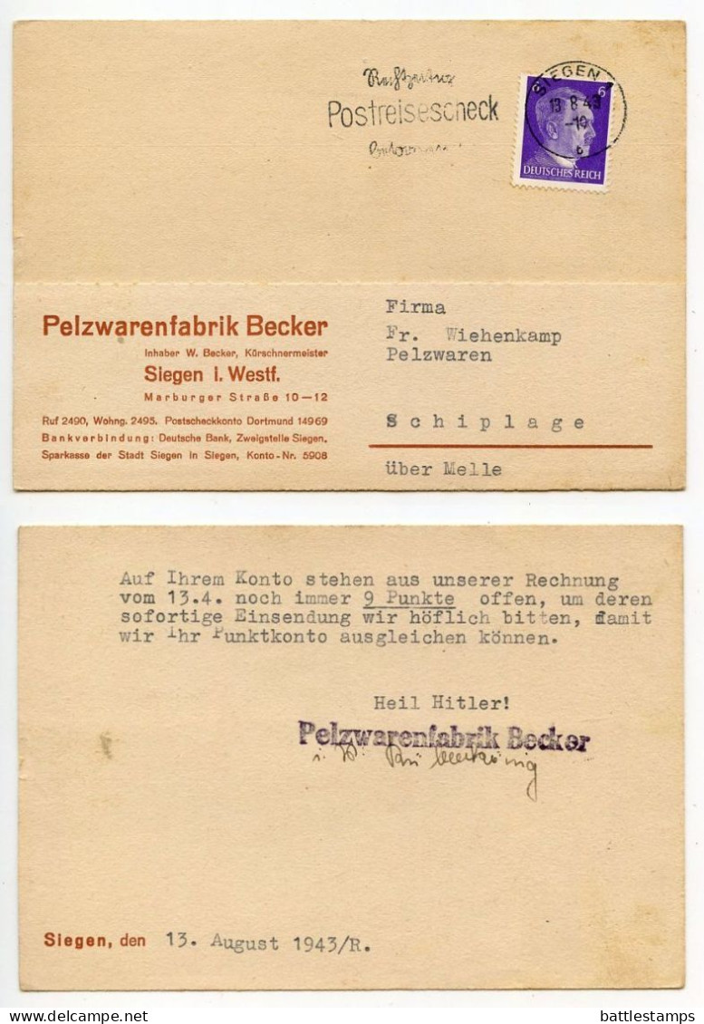 Germany 1943 Postcard; Siegen, Pelzwarenfabrik Becker To Schiplage; 6pf. Hitler Stamp & Slogan Cancel - Brieven En Documenten