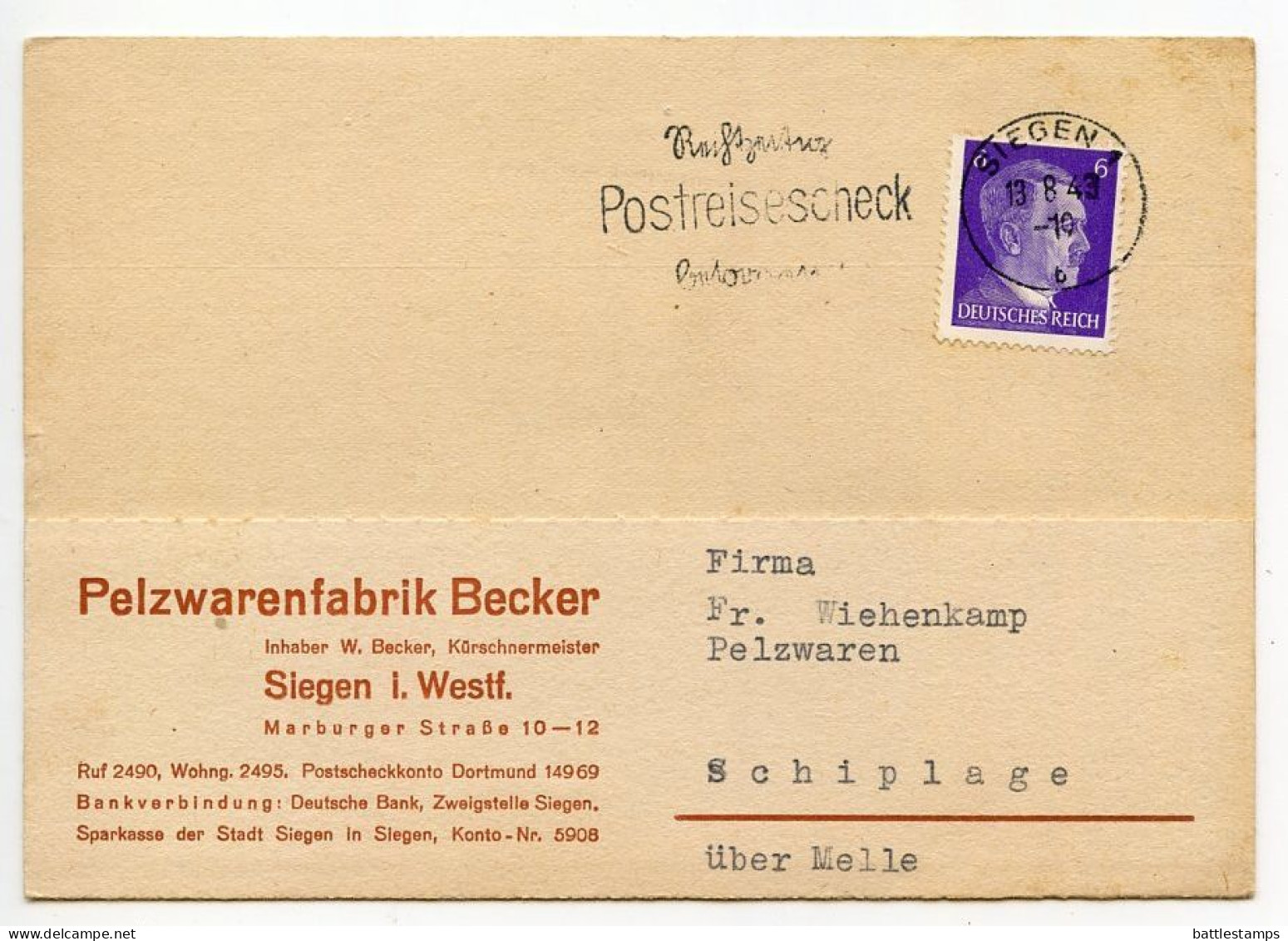 Germany 1943 Postcard; Siegen, Pelzwarenfabrik Becker To Schiplage; 6pf. Hitler Stamp & Slogan Cancel - Cartas & Documentos