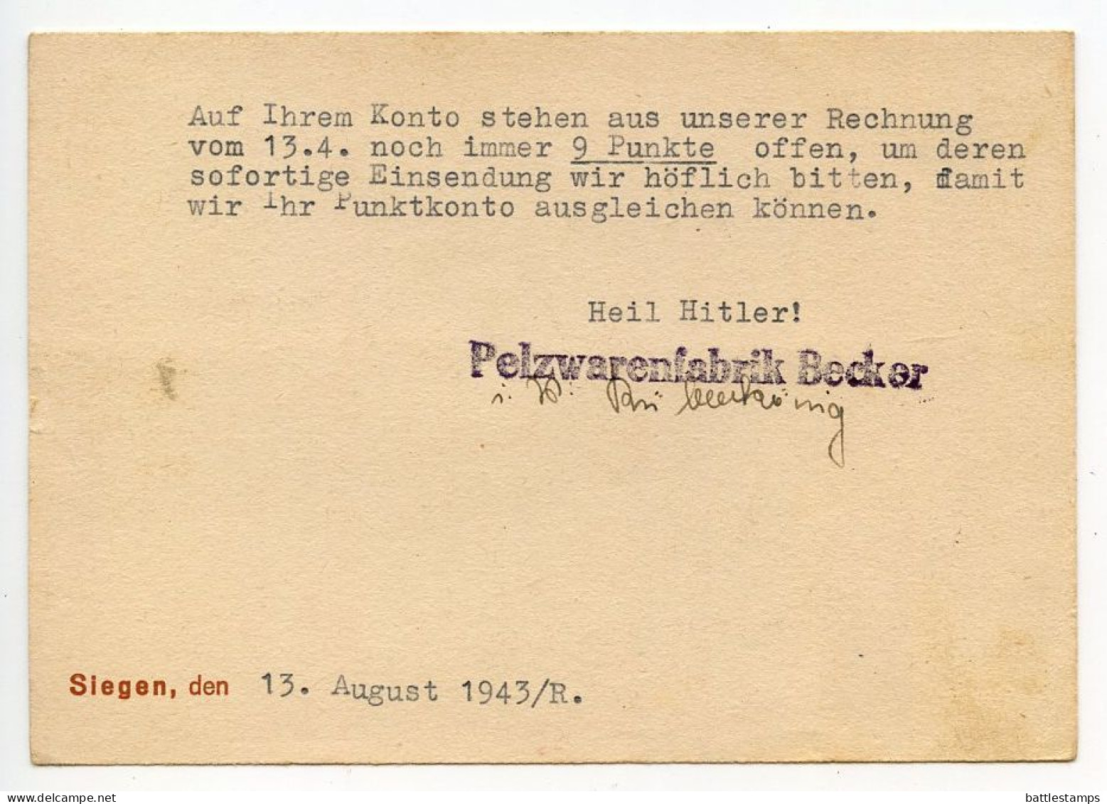 Germany 1943 Postcard; Siegen, Pelzwarenfabrik Becker To Schiplage; 6pf. Hitler Stamp & Slogan Cancel - Brieven En Documenten