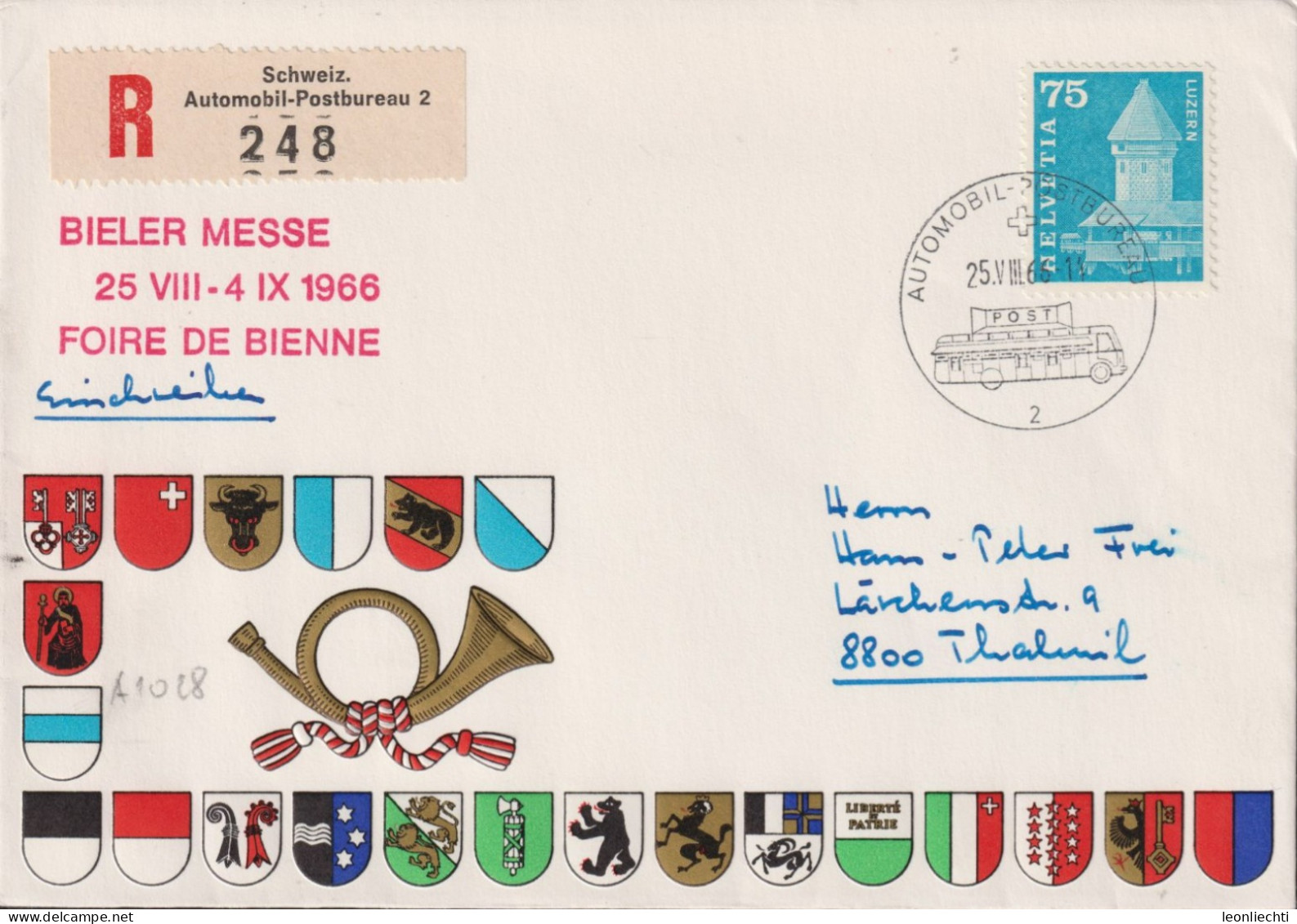 1966 Schweiz R-Brief, Zum:CH 366 Mi:CH: 707, Wasserturm Luzern, Bieler Messe - Briefe U. Dokumente