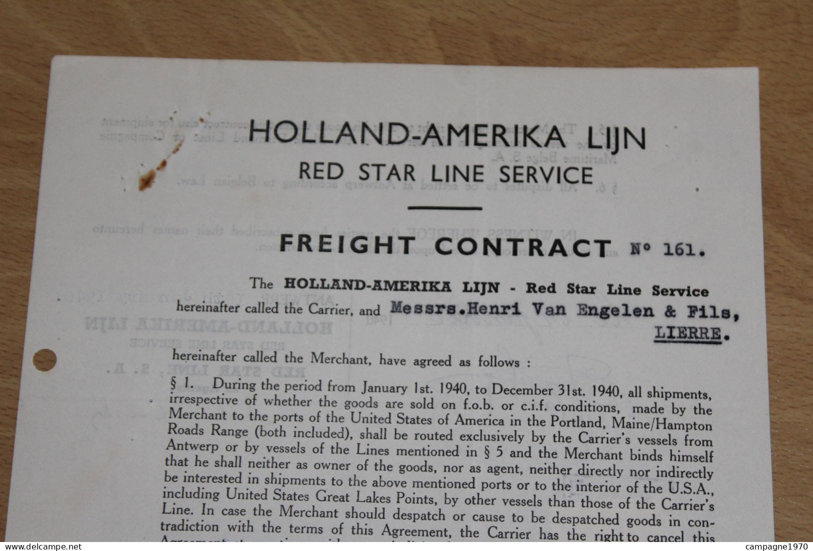 ANCIEN CONTRAT DE TRANSPORT ( EN ANGLAIS ) - RED STAR LINE HOLLAND AMERIKA LIJN - ANTWERPEN VAN ENGELEN LIER - 1940 - 1900 – 1949