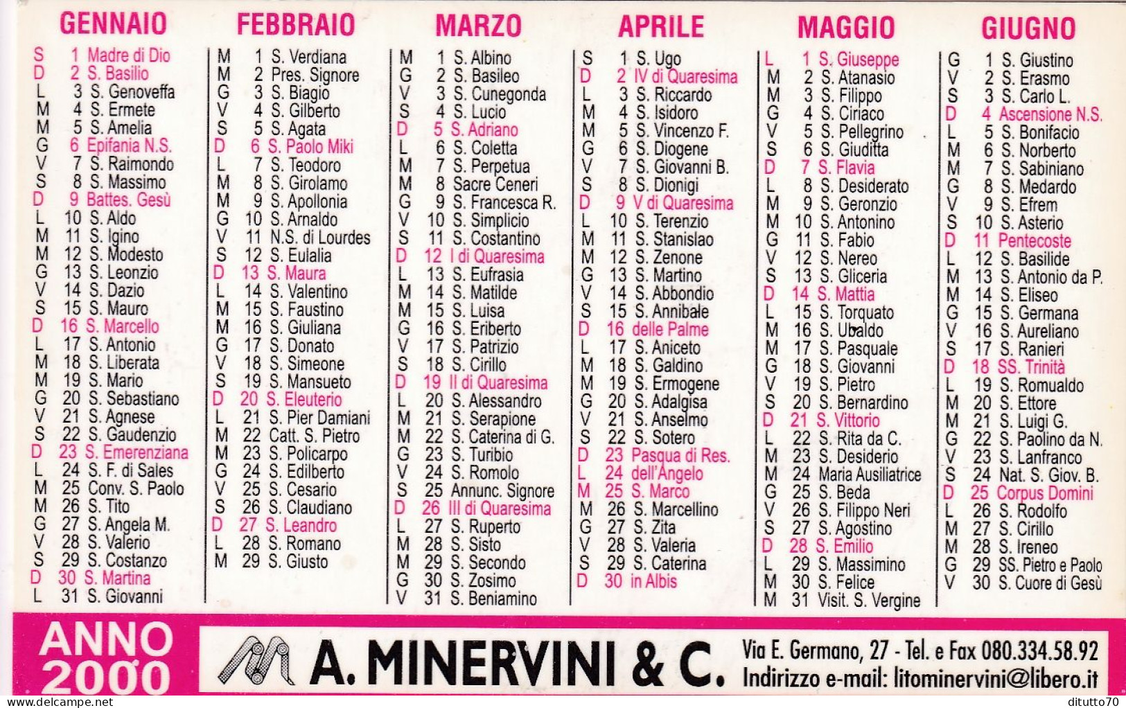 Calendarietto - A.minervini - Anno 2000 - Petit Format : 1991-00