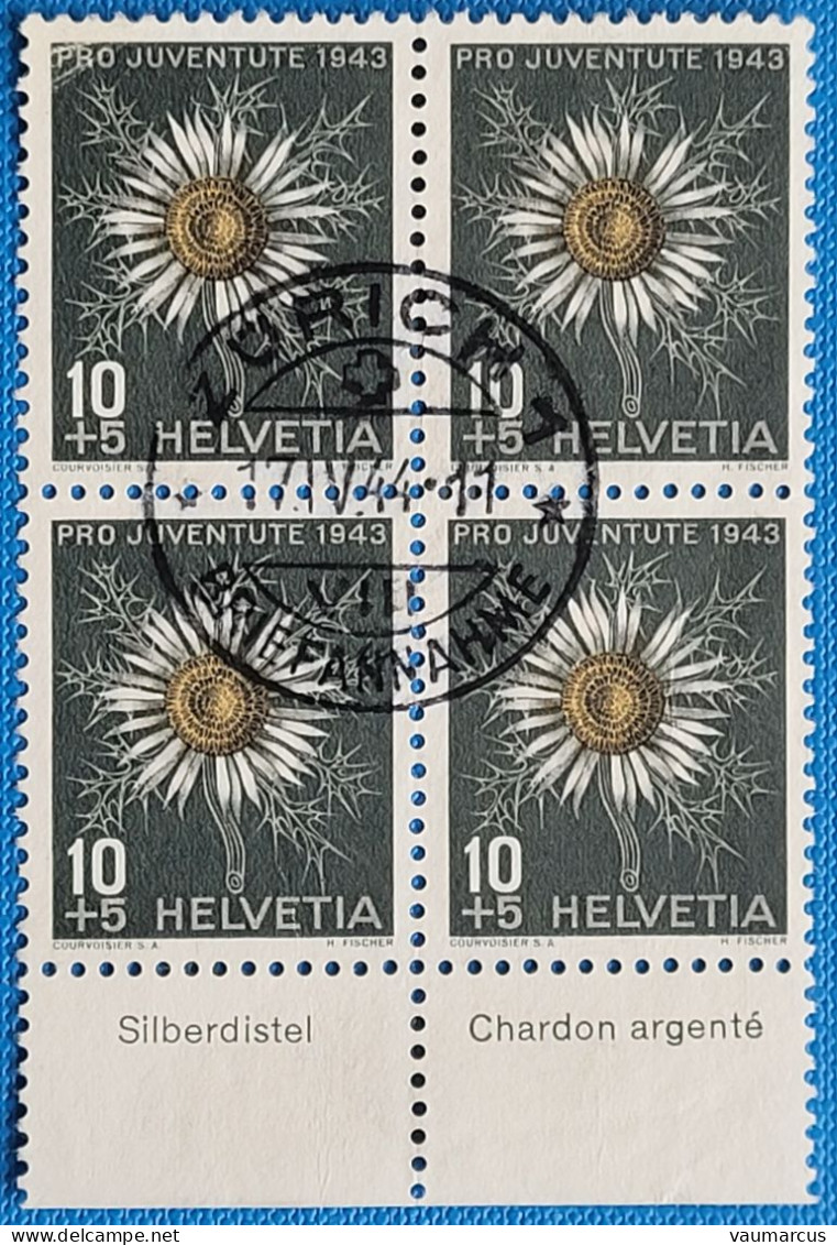 1943 Zu J 106 PRO JUVENTUTE Avec TABS En Allemand + Français Bloc De 4 Obl. - Used Stamps