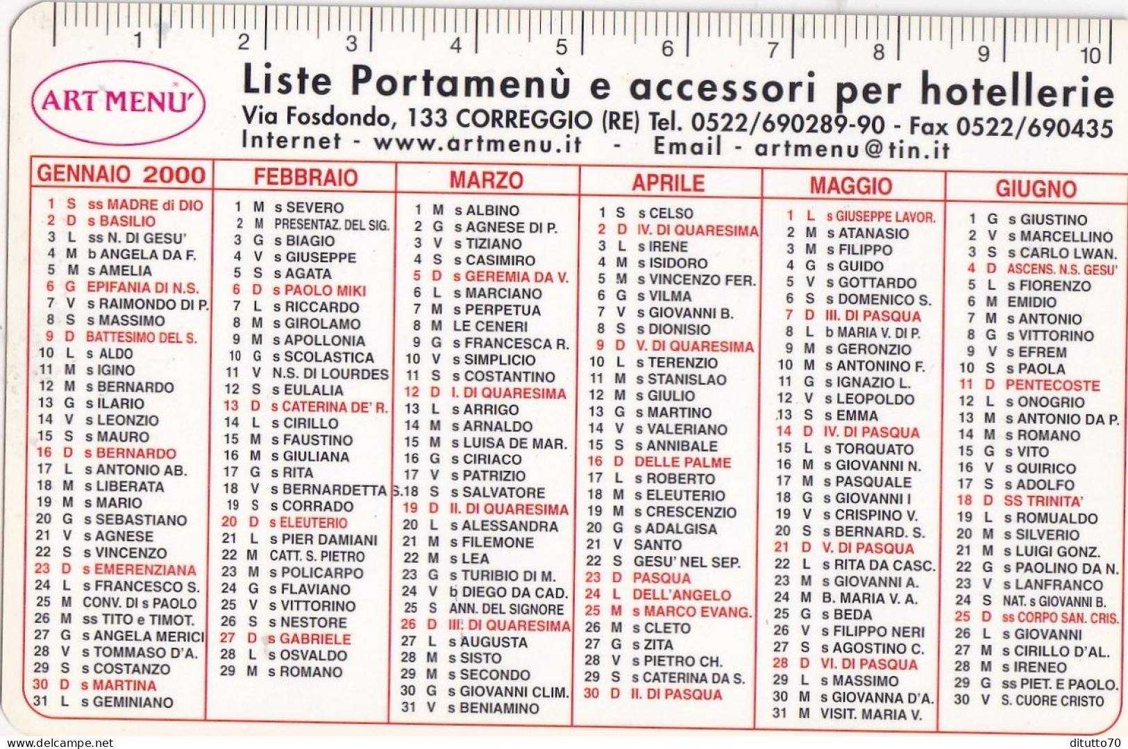 Calendarietto - ART MENU - Correggio - Regio Emilia - Anno 2000 - Tamaño Pequeño : 1991-00