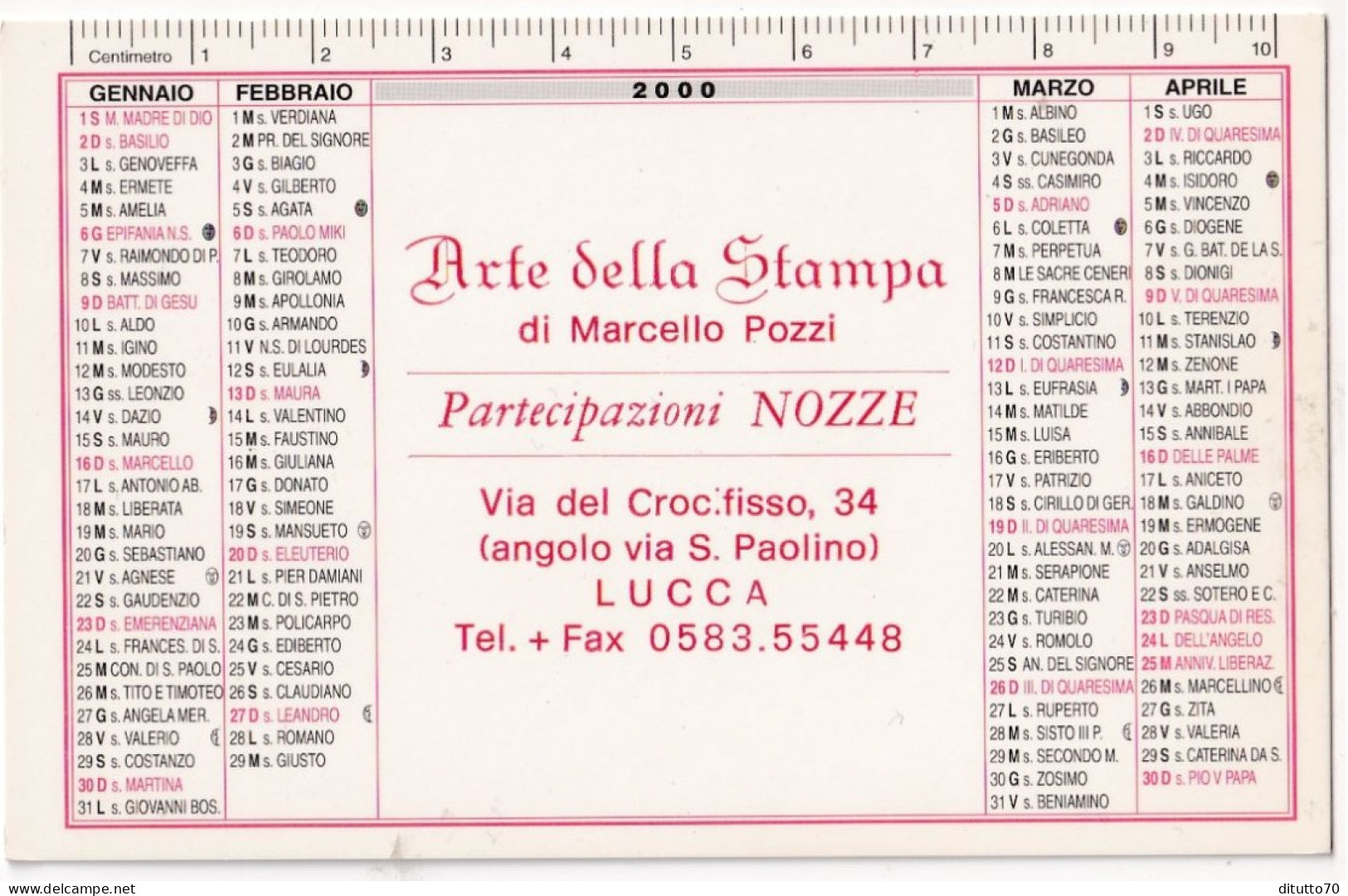 Calendarietto - Arte Della Stampa - Lucca - Anno 2000 - Tamaño Pequeño : 1991-00