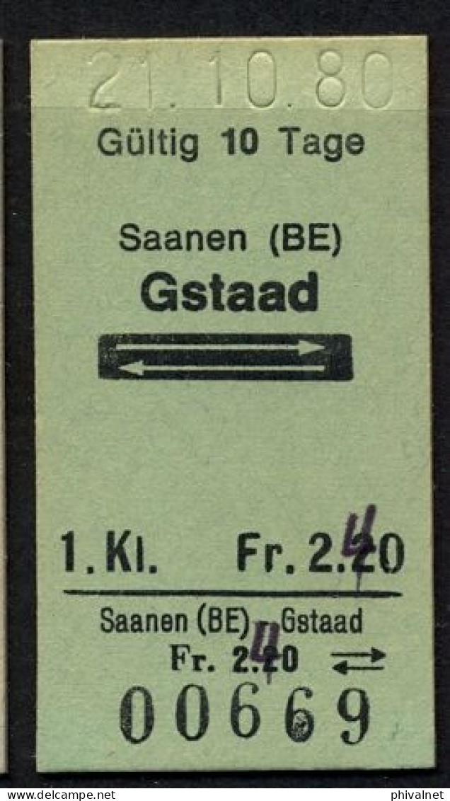 21/10/80 , SAANEN - GSTAAD , TICKET DE FERROCARRIL , TREN , TRAIN , RAILWAYS - Europe