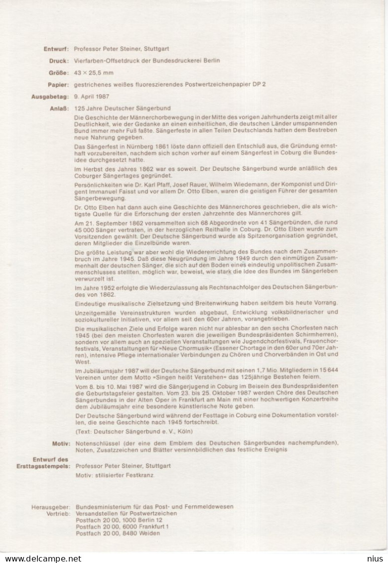 Germany Deutschland 1987-10 125 Jahre Deutscher Sangerbund, Music Musique Musik, Canceled In Bonn - 1981-1990