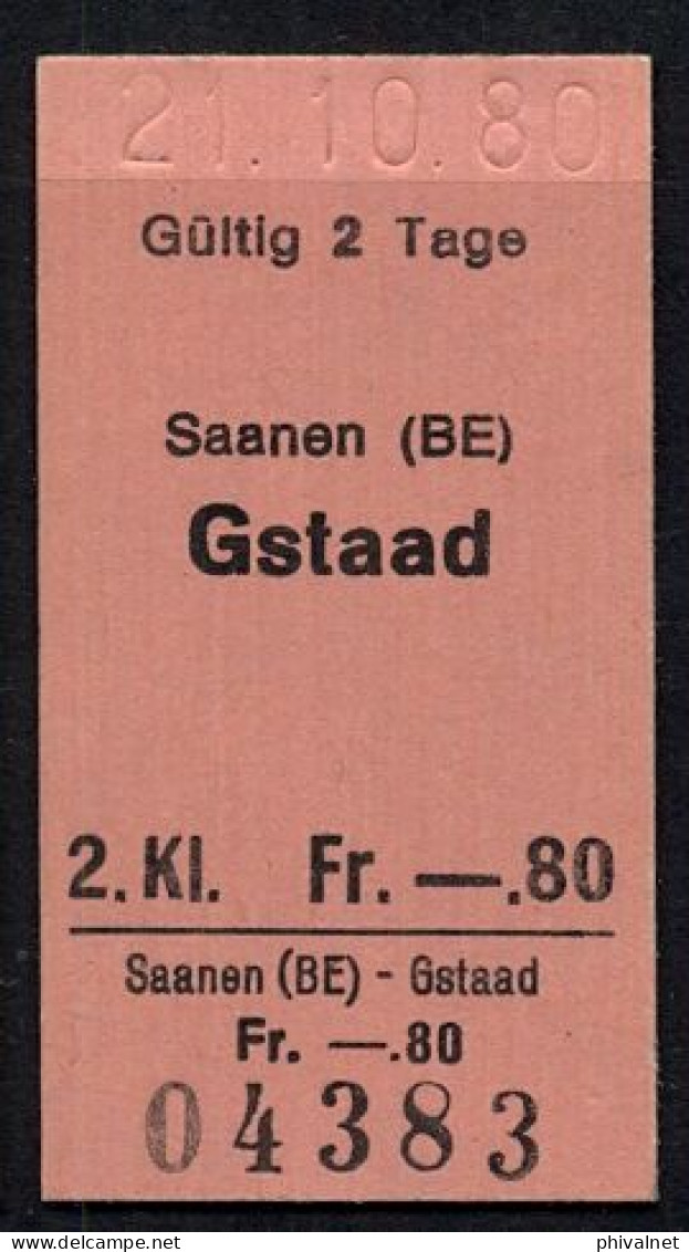 21/10/80 , SAANEN - GSTAAD , TICKET DE FERROCARRIL , TREN , TRAIN , RAILWAYS - Europa