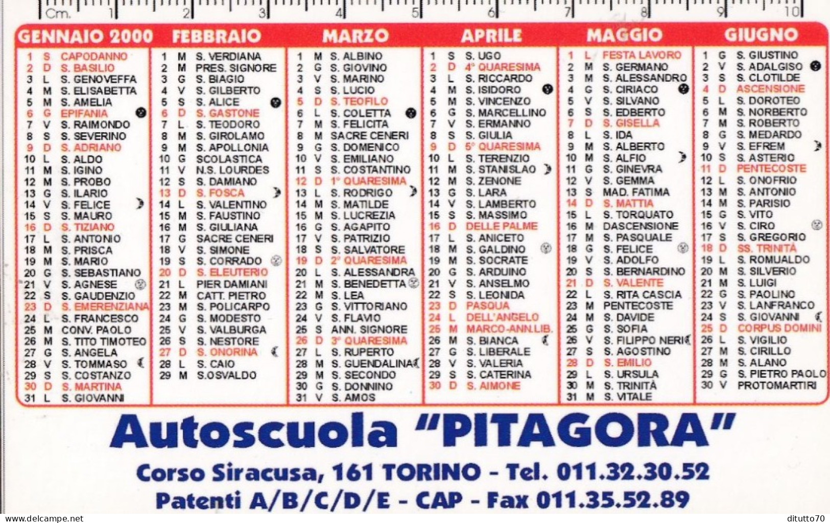 Calendarietto - Autoscuola - Pitagora - Torino - Anno 2000 - Tamaño Pequeño : 1991-00