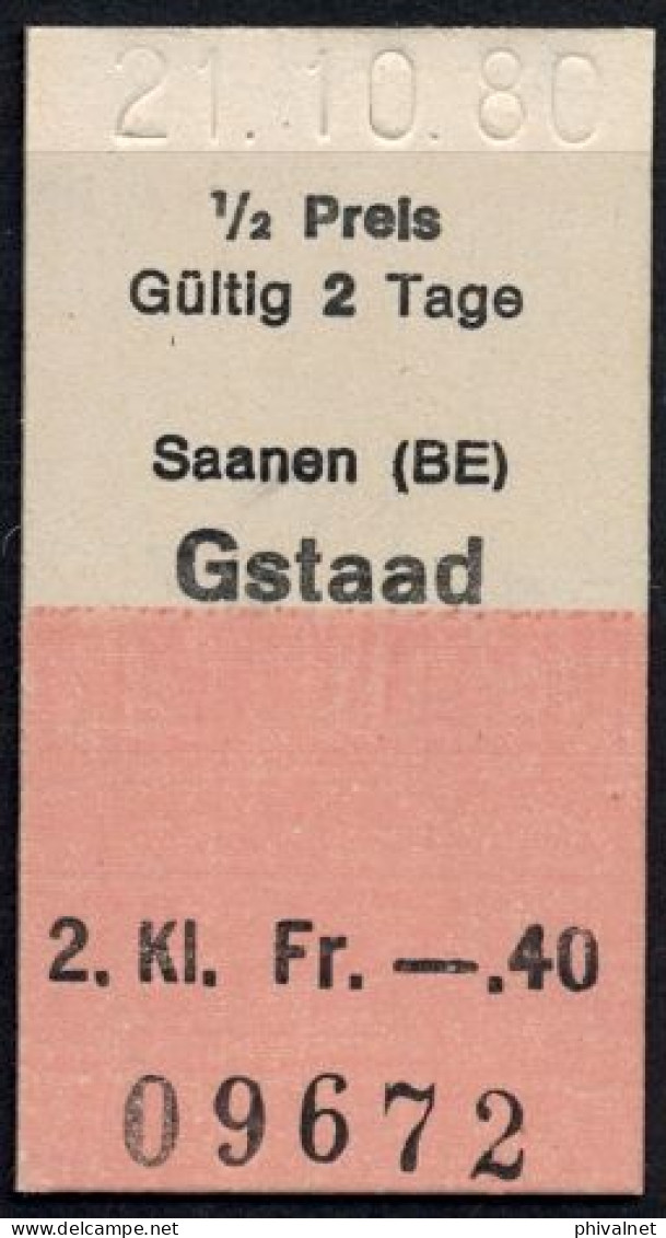 21/10/80 , SAANEN - GSTAAD , TICKET DE FERROCARRIL , TREN , TRAIN , RAILWAYS - Europe