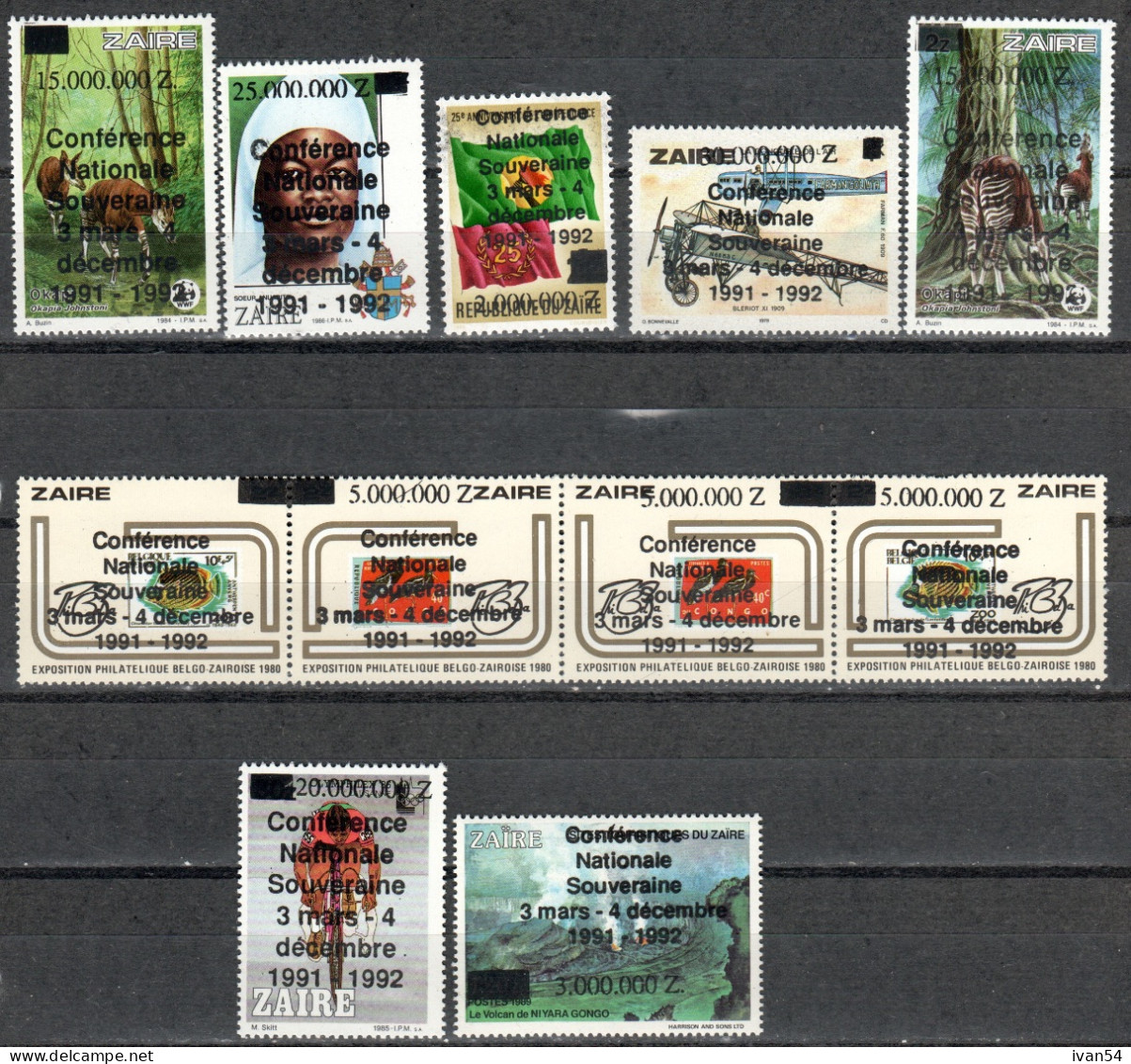 ZAIRE 11 Timbres Surchargés ‘Conférence Nationale Souveraine 3 Mars - 4 Décembre 1991-1992 ‘ MNH  ** - Unused Stamps