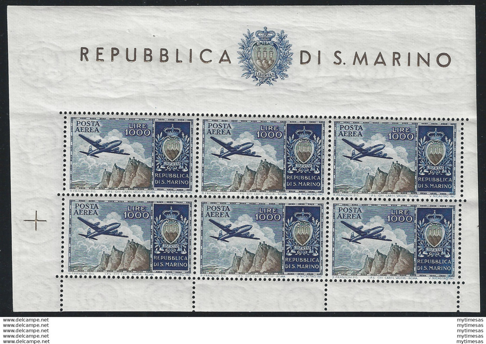 1954 San Marino Lire 1.000 Aereo II MS MNH Sassone N. 16b - Altri & Non Classificati