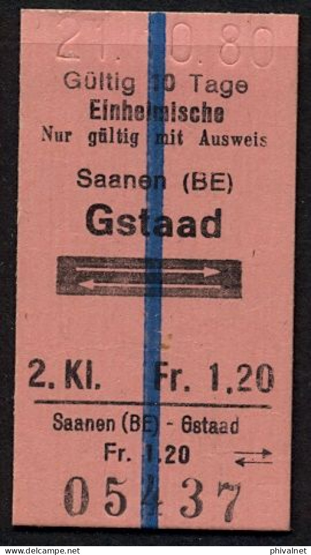 21/10/80 , SAANEN - GSTAAD , TICKET DE FERROCARRIL , TREN , TRAIN , RAILWAYS - Europa