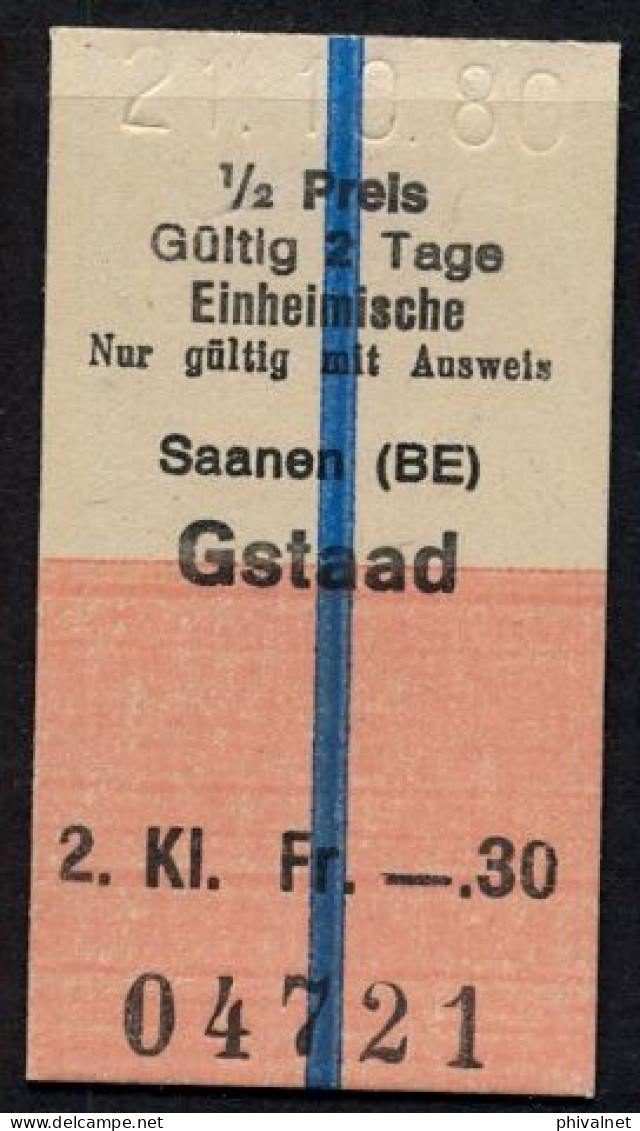 21/10/80 , SAANEN - GSTAAD , TICKET DE FERROCARRIL , TREN , TRAIN , RAILWAYS - Europa