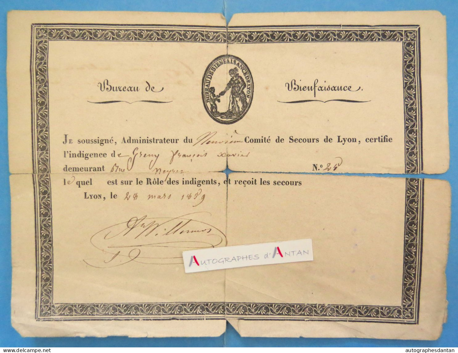● Certificat D'indigence Lyon 1889 François Xavier GRENY Comité De Secours - Historische Documenten