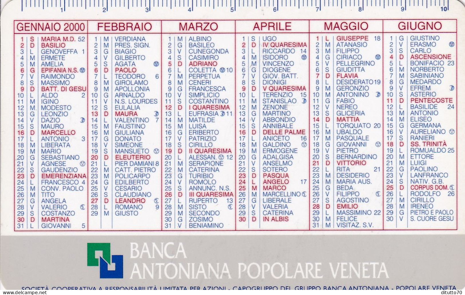 Calendarietto - Banca Antoniana Popolare Veneta - Anno 2000 - Formato Piccolo : 1991-00