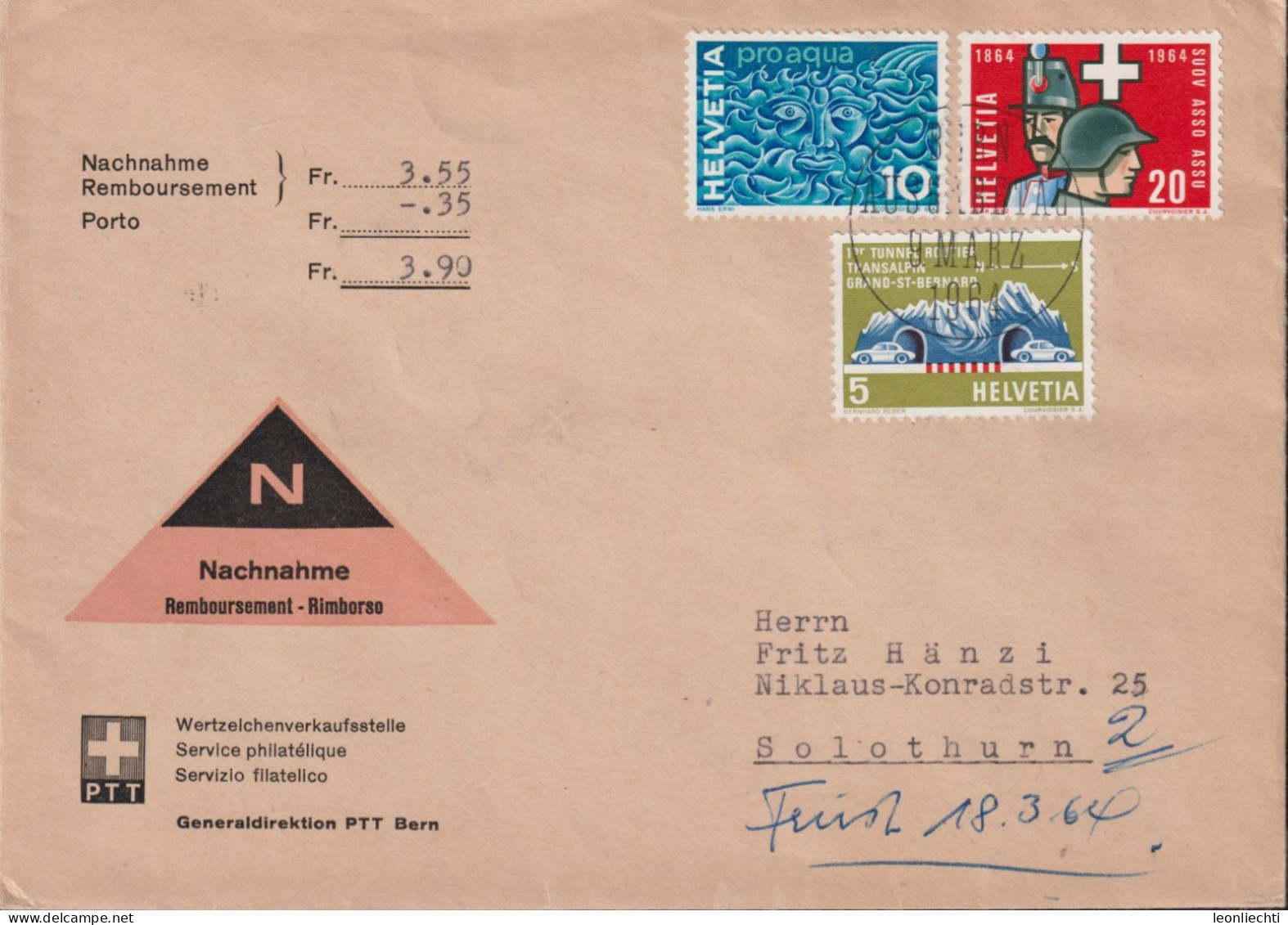 1964 Schweiz Nachnahme Brief, Zum:CH 406-408, Mi:CH 791-793,( Siehe Rückseite) - Storia Postale