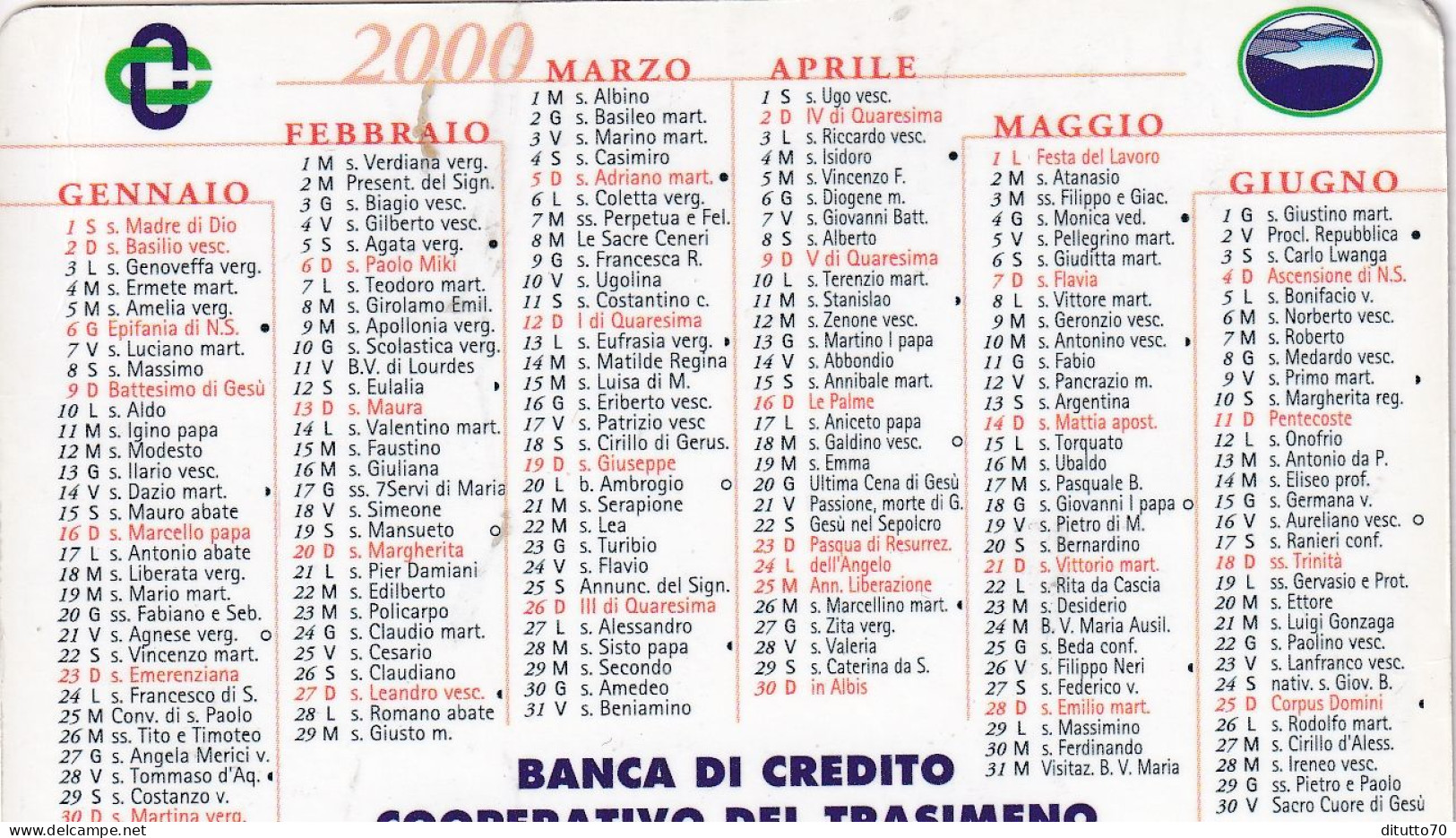 Calendarietto - Banca Di Credito Cooperativo Del Trasimeno - Anno 2000 - Small : 1991-00