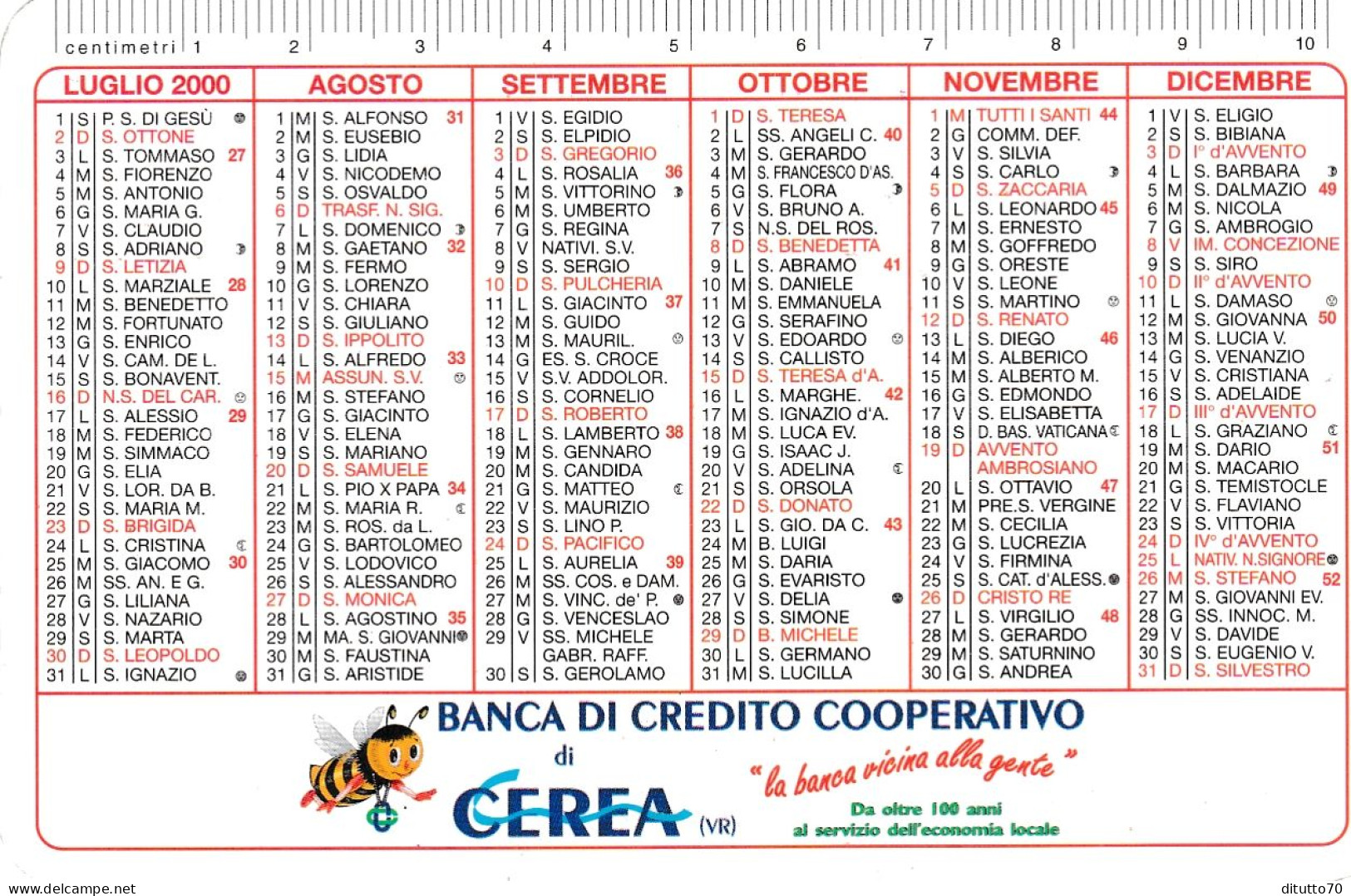Calendarietto - Banca Di Credito Cooperativo Di Cerea - Verona - Anno 2000 - Small : 1991-00
