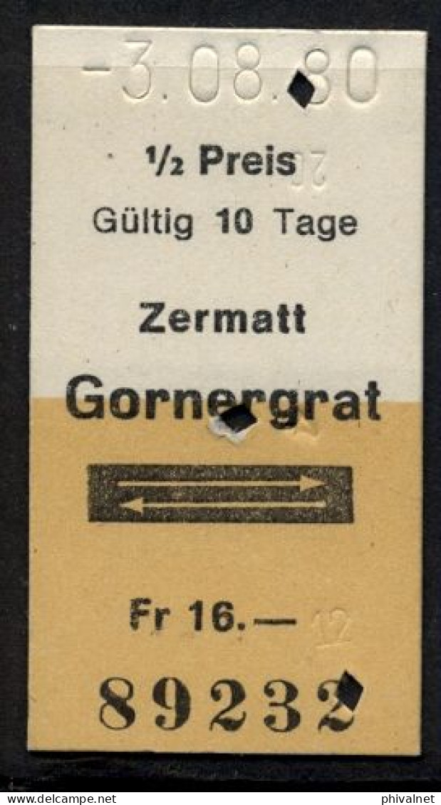 03/08/80 , ZERMATT - GORNERGRAT , TICKET DE FERROCARRIL , TREN , TRAIN , RAILWAYS - Europe