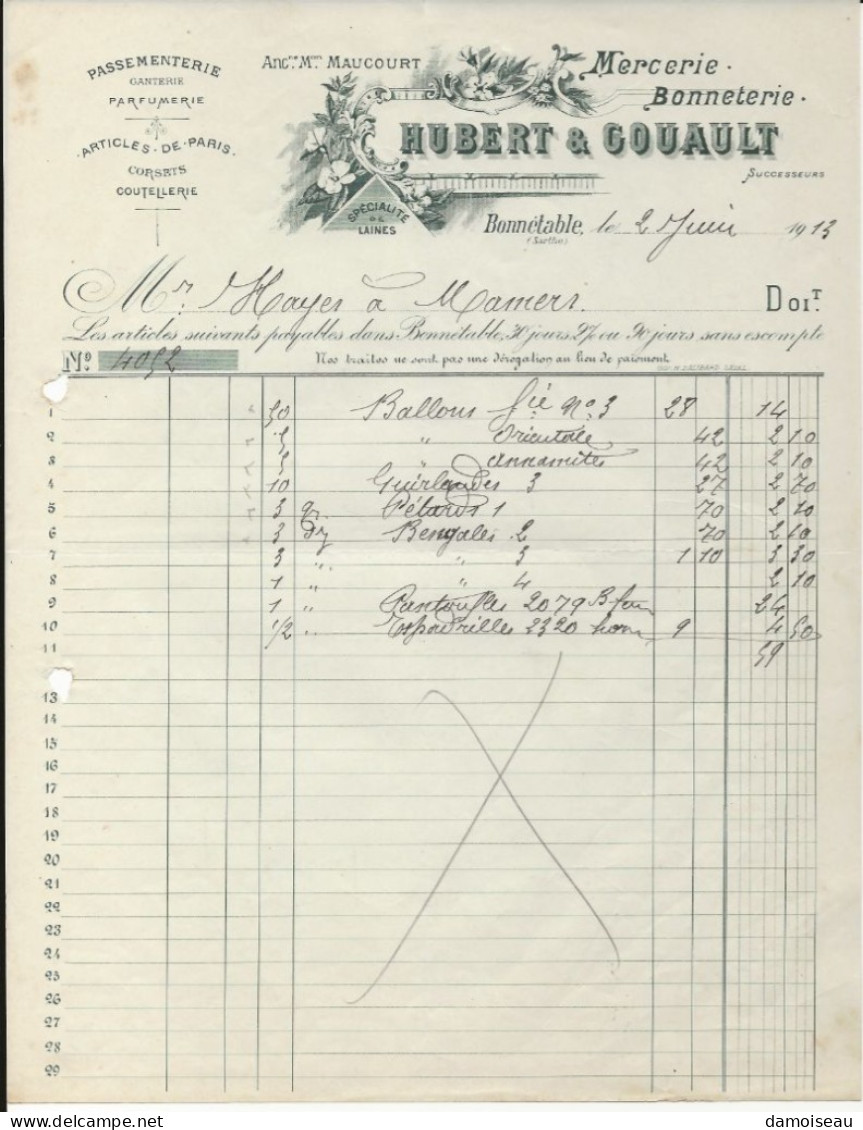 72, Bonnétable, Mercerie Bonneterie, Hubert & Gouault, Facture 1913 - 1900 – 1949