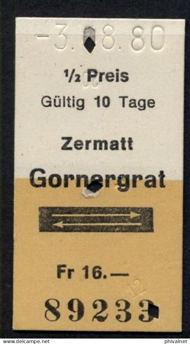 03/08/80 , ZERMATT - GORNERGRAT , TICKET DE FERROCARRIL , TREN , TRAIN , RAILWAYS - Europe