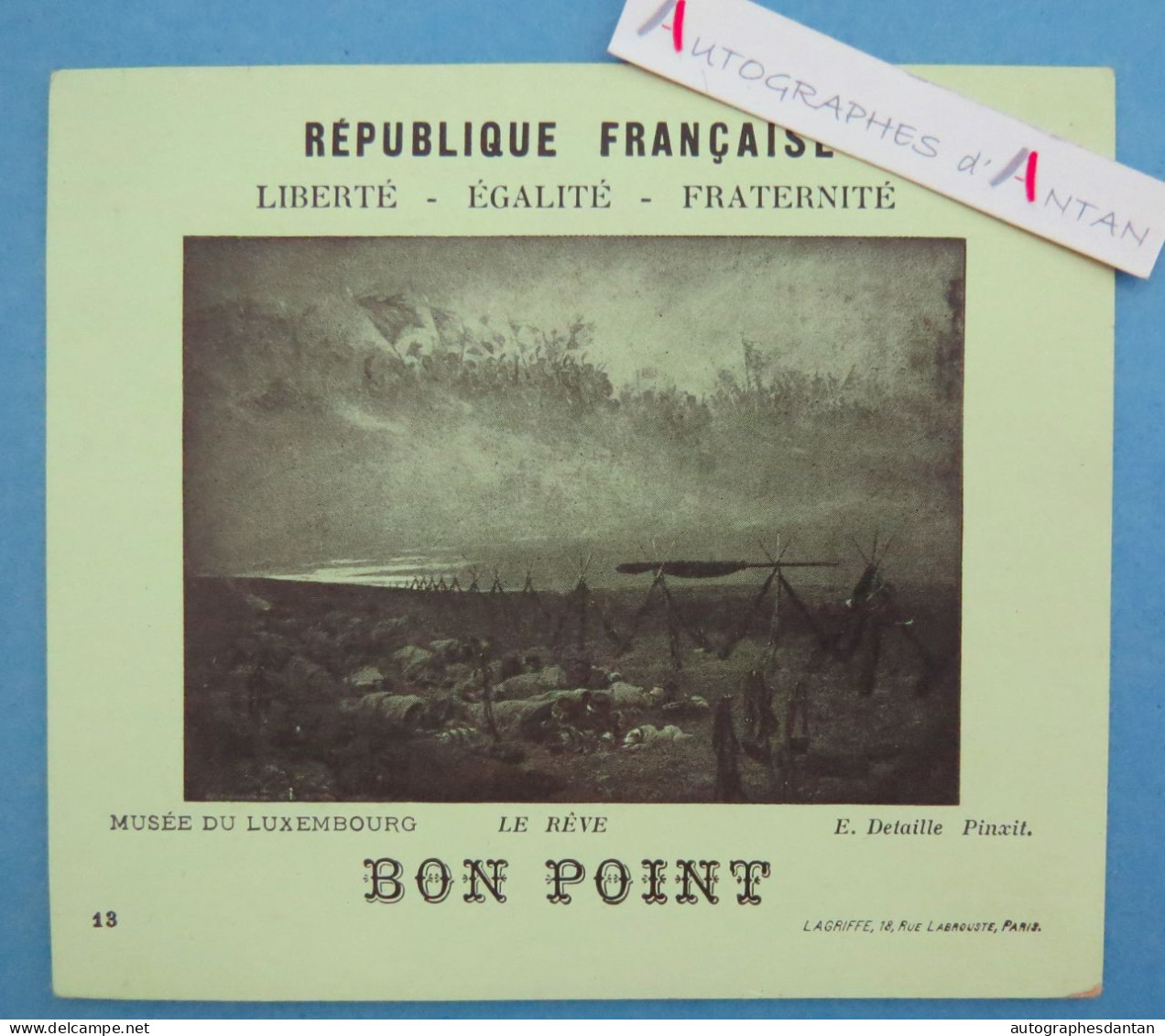 ● BON POINT - Le Rêve (Edouard Detaille) Musée Du Luxembourg - Rare Papier école - Diploma's En Schoolrapporten