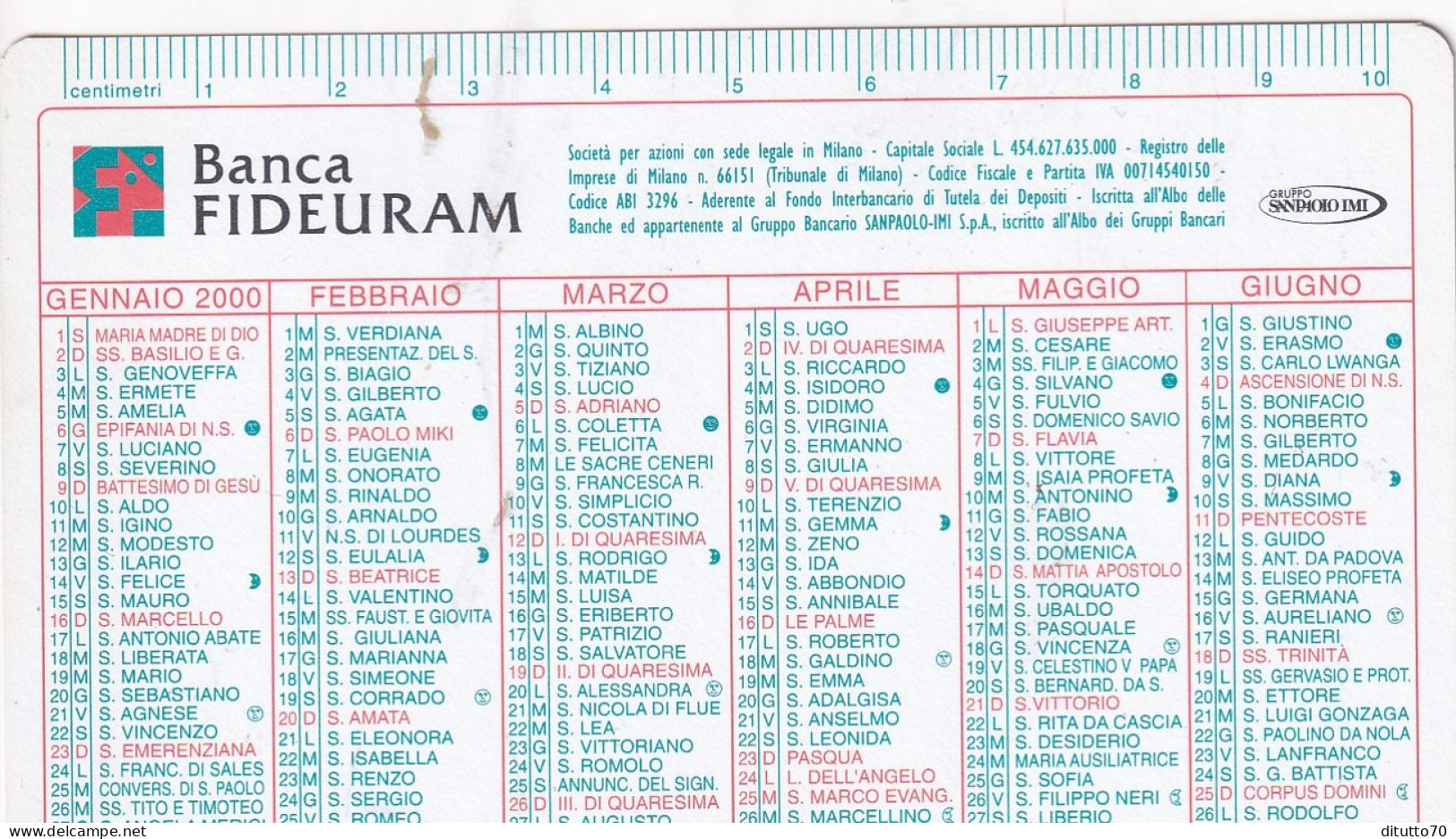 Calendarietto - Banca Fideuram - Milano - Anno 2000 - Formato Piccolo : 1991-00