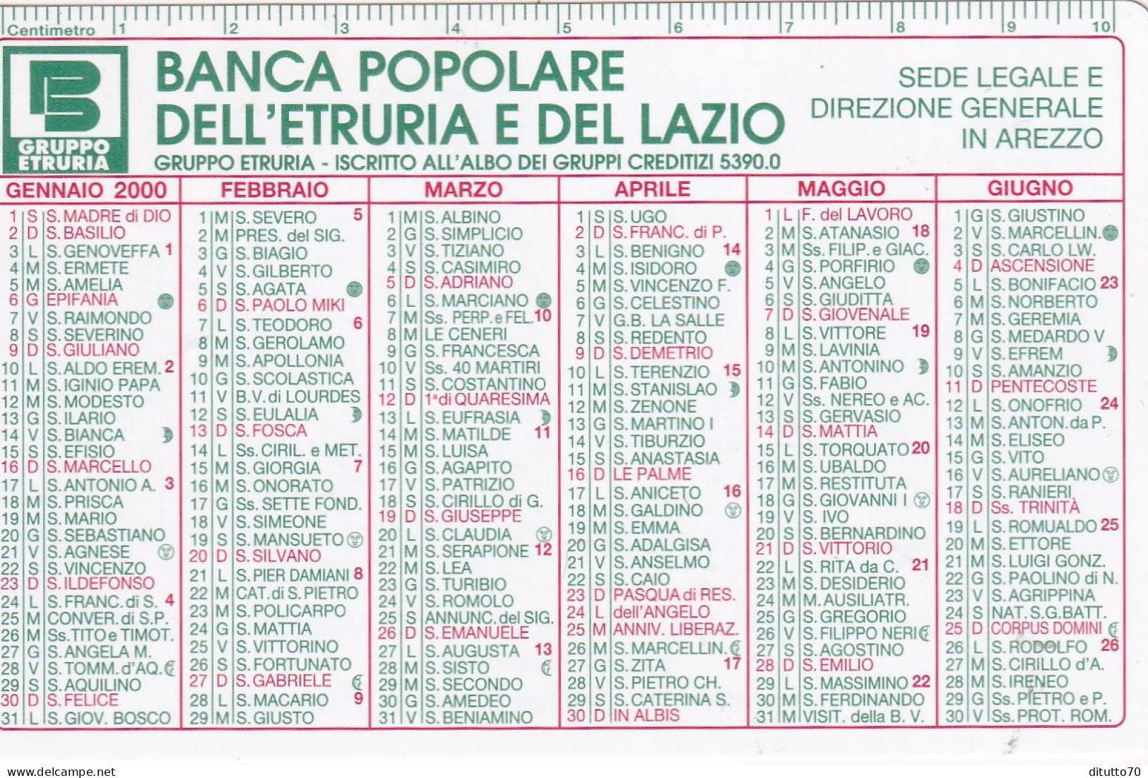 Calendarietto - Banca Popolare Dell'etruria Edel Lazio - Arezzo - Anno 2000 - Petit Format : 1991-00