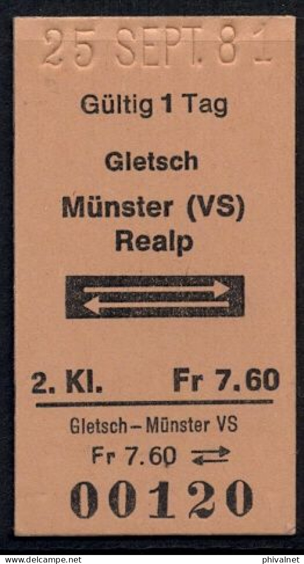 25/09/81 , GLETSCH , MÜNSTER - REALP , TICKET DE FERROCARRIL , TREN , TRAIN , RAILWAYS - Europe