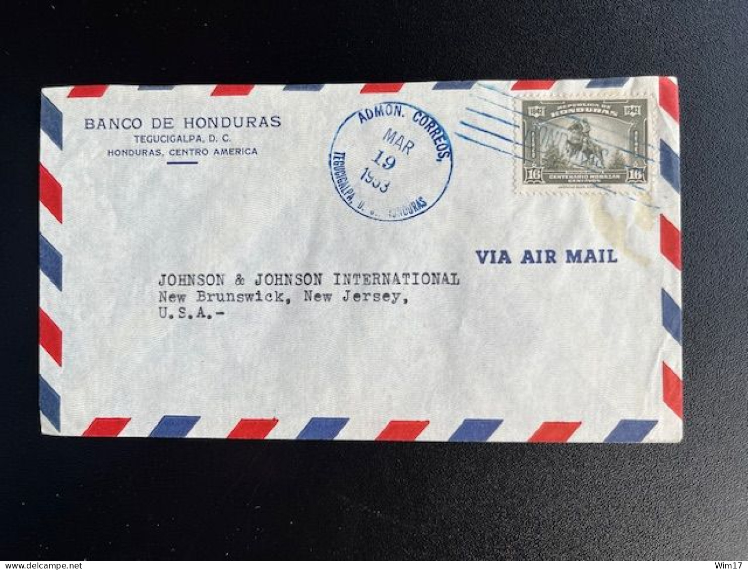 HONDURAS 1953 AIR MAIL LETTER TEGUCIGALPA TO NEW BRUNSWICK USA 19-03-1953 - Honduras