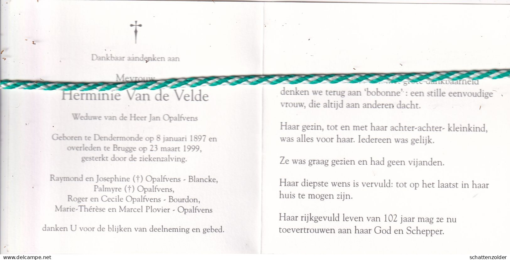 Herminie Van De Velde-Opalfvens, Dendermonde 1897, Brugge 1999. Honderdjarige. Foto - Obituary Notices