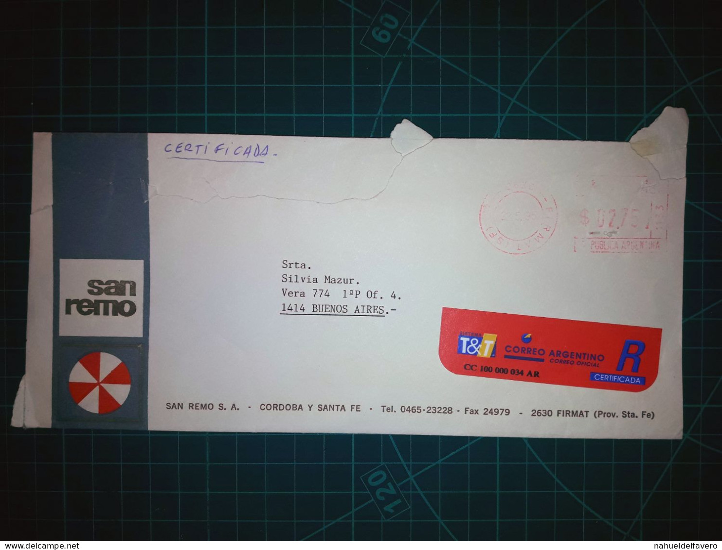 ARGENTINE; Enveloppe De "San Remo S.A." Circulé Avec Envoi Mécanique Vers La Ville De Buenos Aires En 1995 - Gebraucht