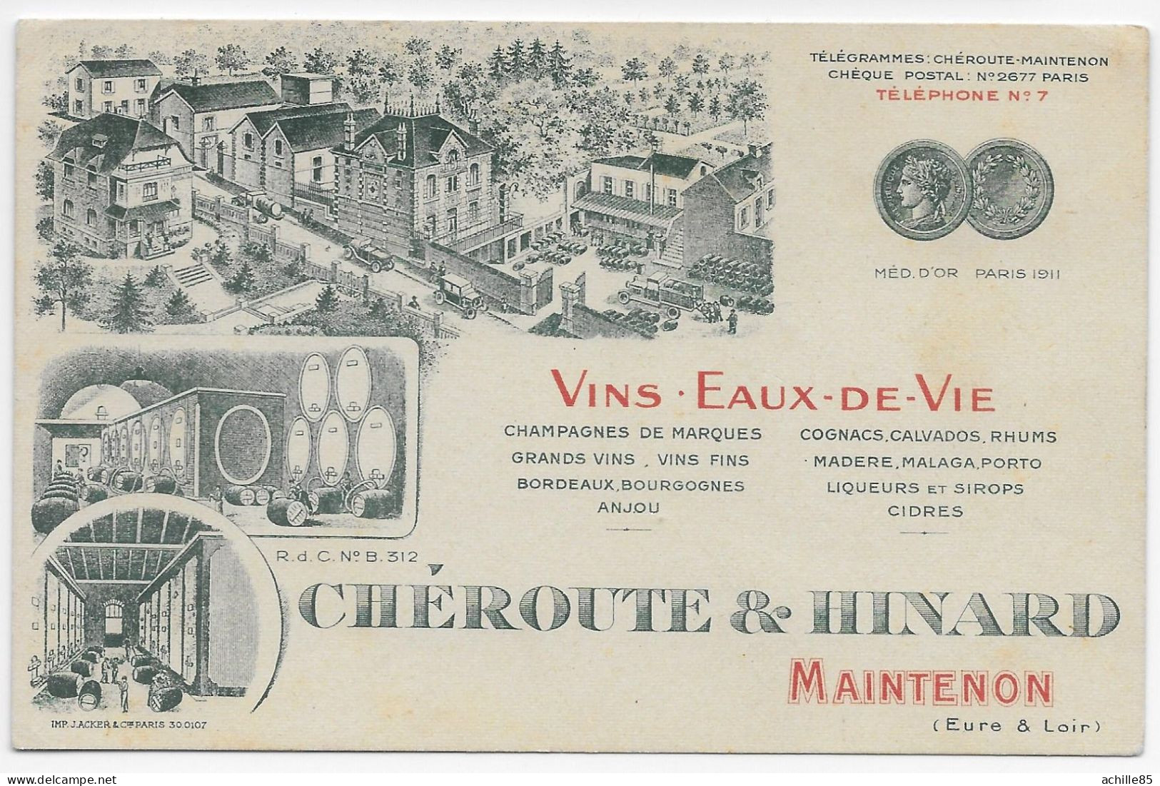 Maintenon   Vins Eaux De Vie   Chéroute-Hinard, Carte Publicitaire - Maintenon