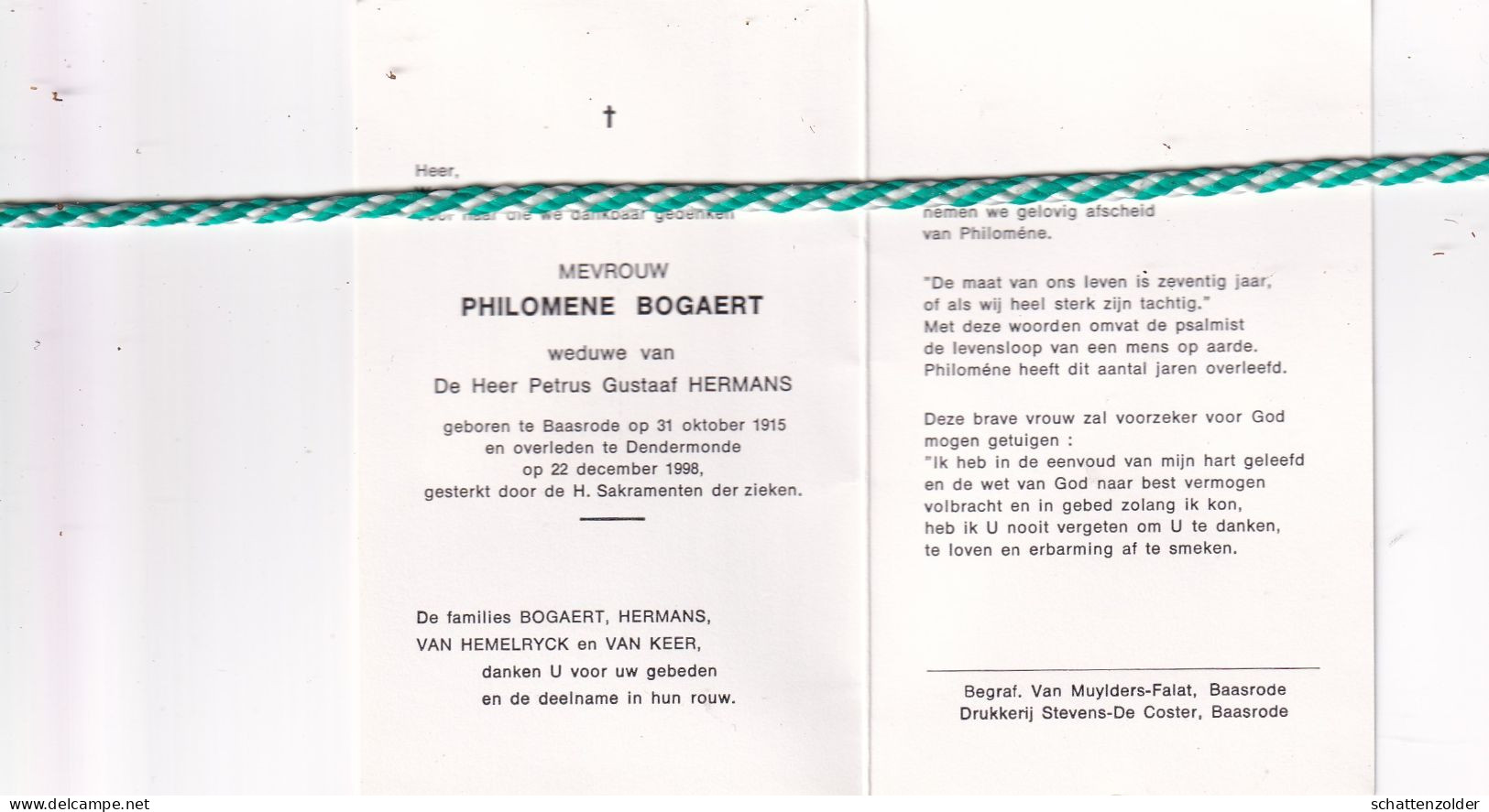 Philomene Bogaert-Hermans, Baasrode 1915, Dendermonde 1998 - Obituary Notices