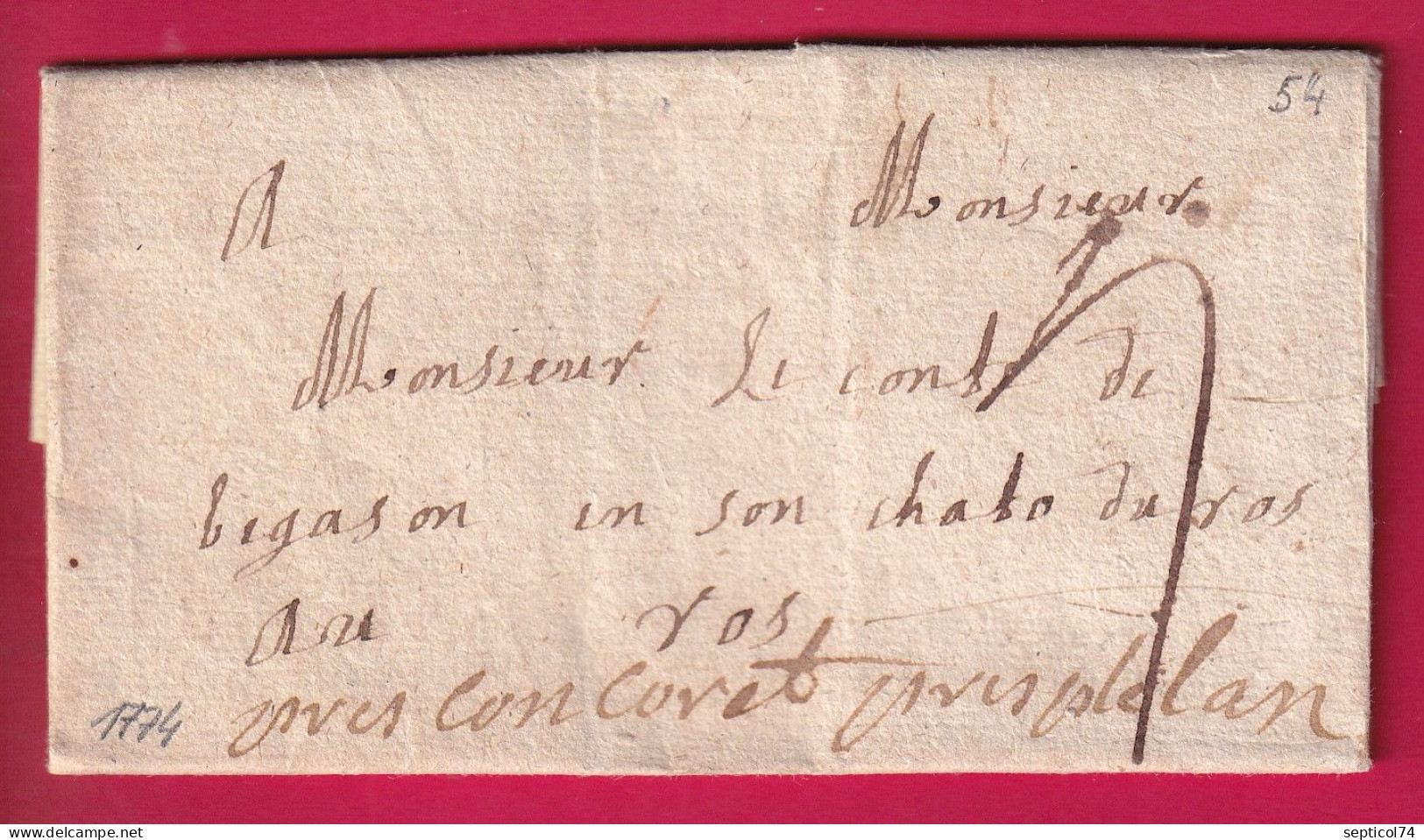 DEBOURSE MANUSCRIT DE PLOERMEL 1774 LENAIN N°6 INDICE 20 POUR PLELAN MORBIHAN LETTRE - 1701-1800: Vorläufer XVIII