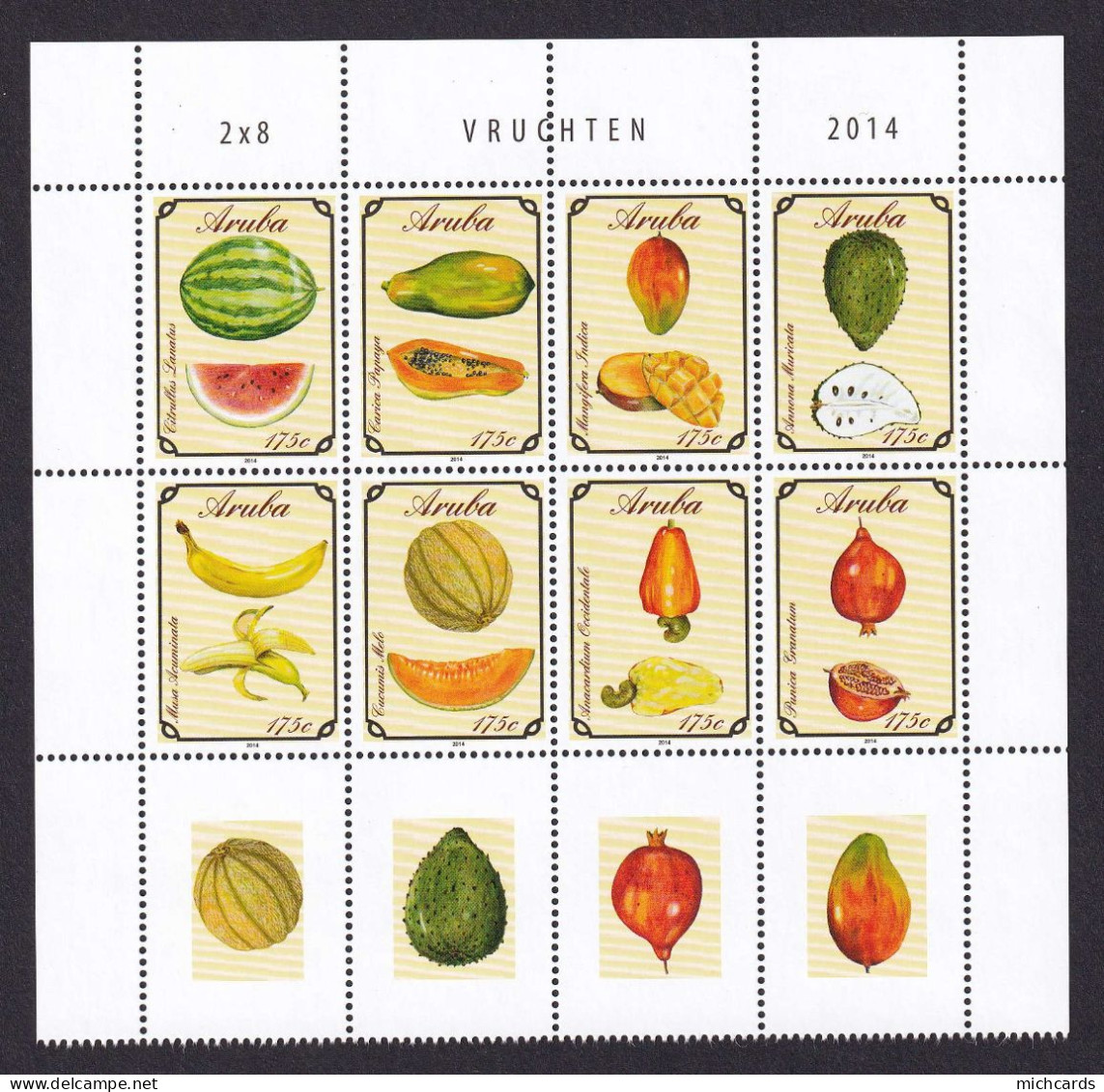 323 ARUBA 2014 - Y&T 807/14 + Vignette - Fruit Pasteque Papaye Mangue Banane Melon Grenade - Neuf **(MNH) Sans Charniere - Niederländische Antillen, Curaçao, Aruba