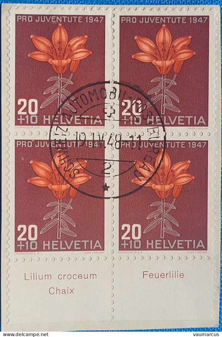1947 Zu J 123 PRO JUVENTUTE Avec TABS En Latin + Allemand Bloc De 4 Obl. Sur Fragment - Usati