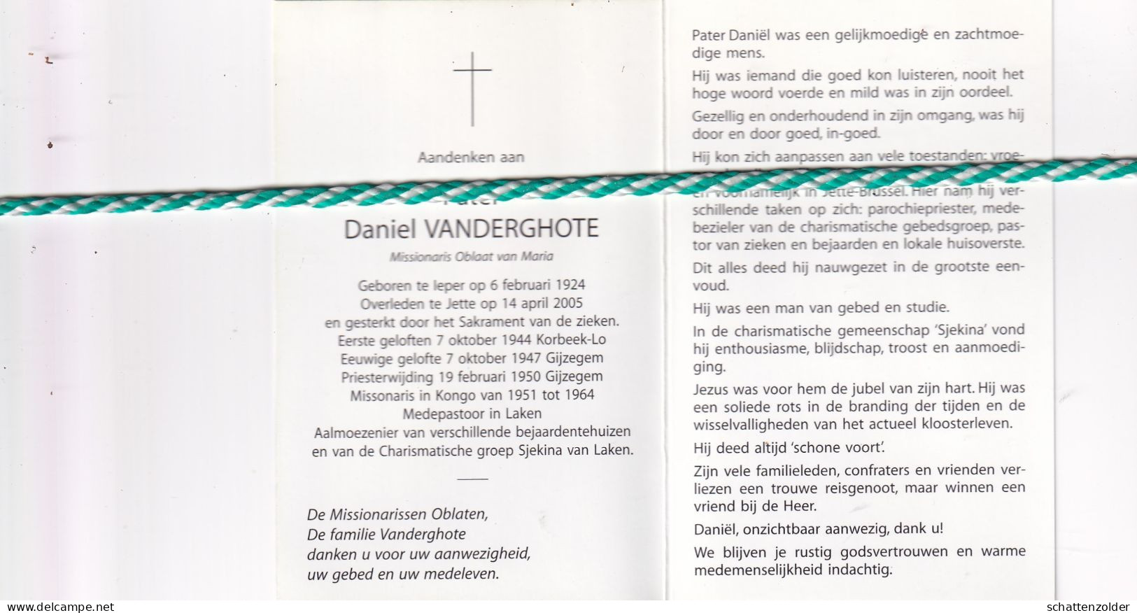 Pater Daniel Vanderghote, Ieper 1924, Jette 2005. Kongo,Laken. Foto - Décès