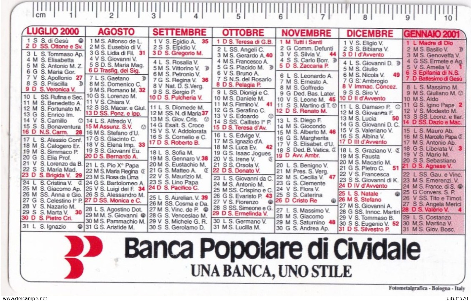Calendarietto - Banca Popolare Di Cividale - Anno 2000 - Petit Format : 1991-00
