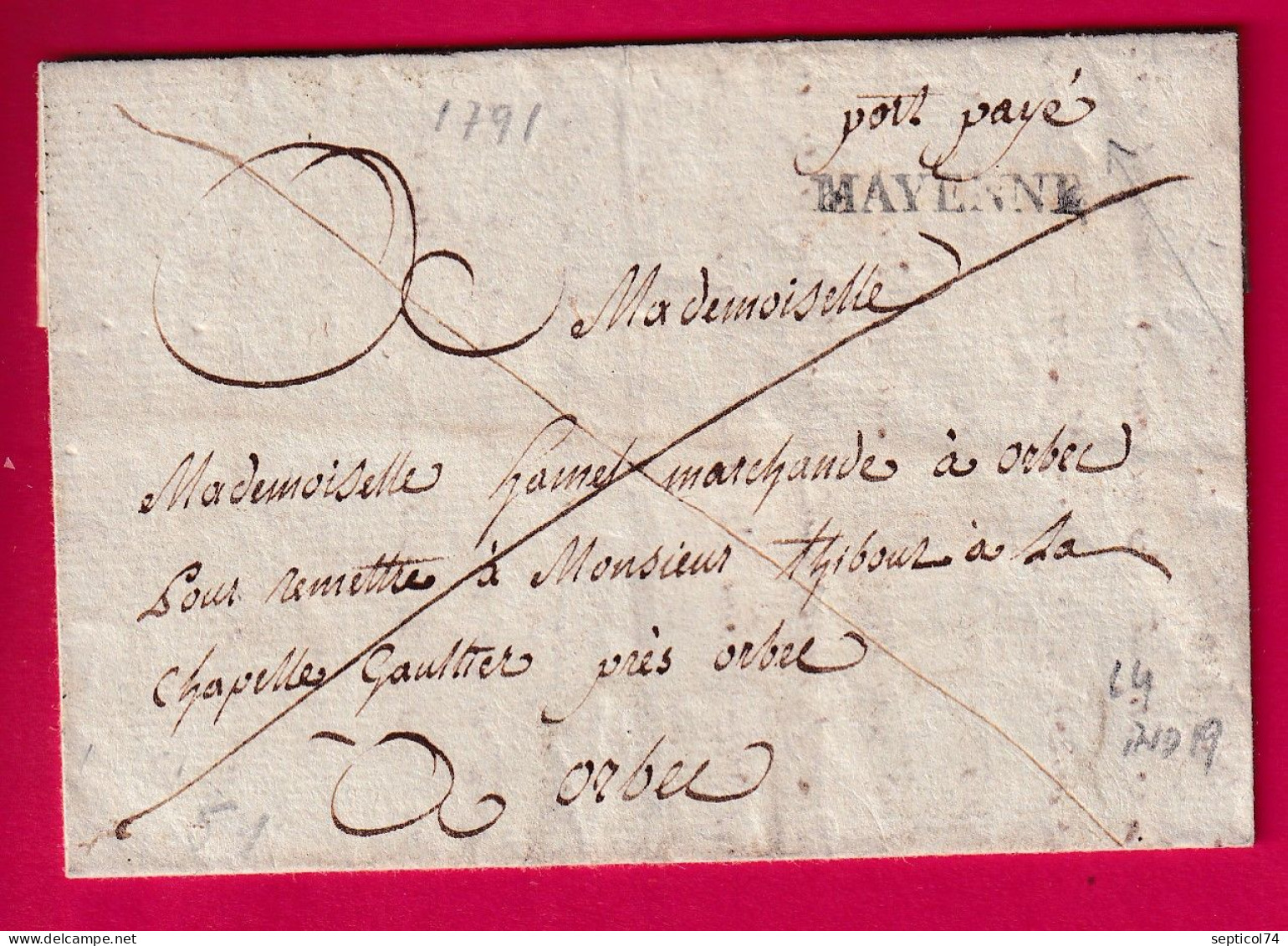 MARQUE PORT PAYE MAYENNE 1791 LENAIN N°4 INDICE 19 POUR ORBEC CALVADOS LETTRE - 1701-1800: Precursors XVIII