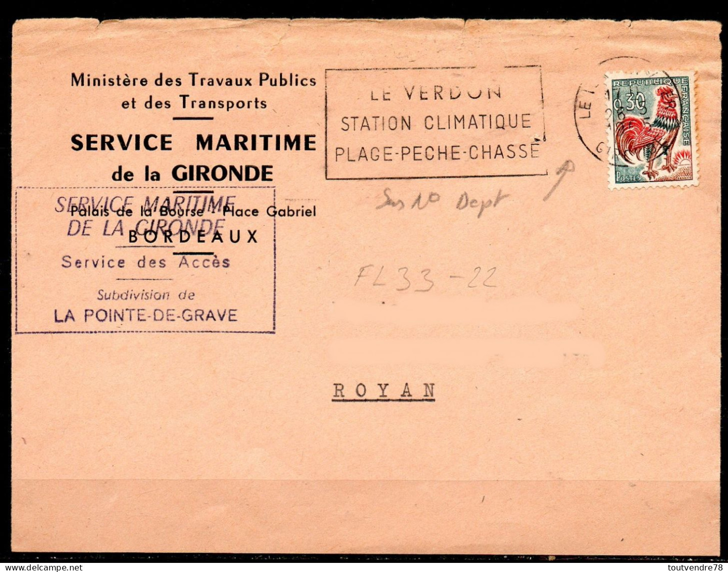 FL33-22 : Dept 33 (Gironde) LE VERDON 1965 > FG Texte / Plage Pèche Chasse - Oblitérations Mécaniques (flammes)