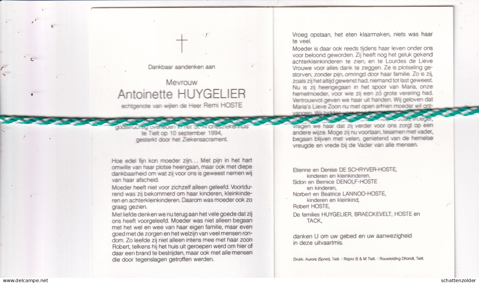 Antoinette Huygelier-Hoste, Ruiselede 1917, Tielt 1994. Foto - Décès