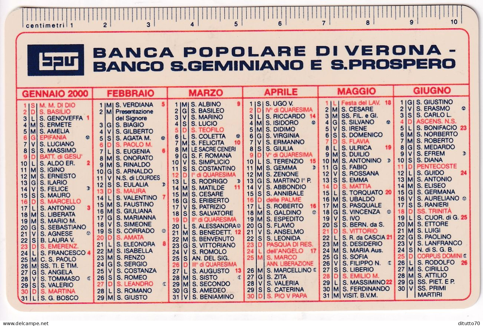 Calendarietto - Banca Popolare Di Verona - Banco S.geminiano E S.prospero - Anno 2000 - Formato Piccolo : 1991-00