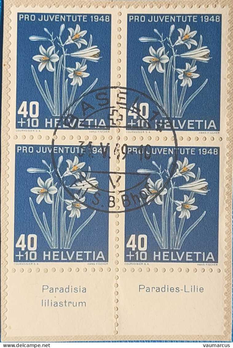 1948 Zu J 128 PRO JUVENTUTE Avec TABS En Latin + Allemand Bloc De 4 Obl. Sur Fragment - Used Stamps