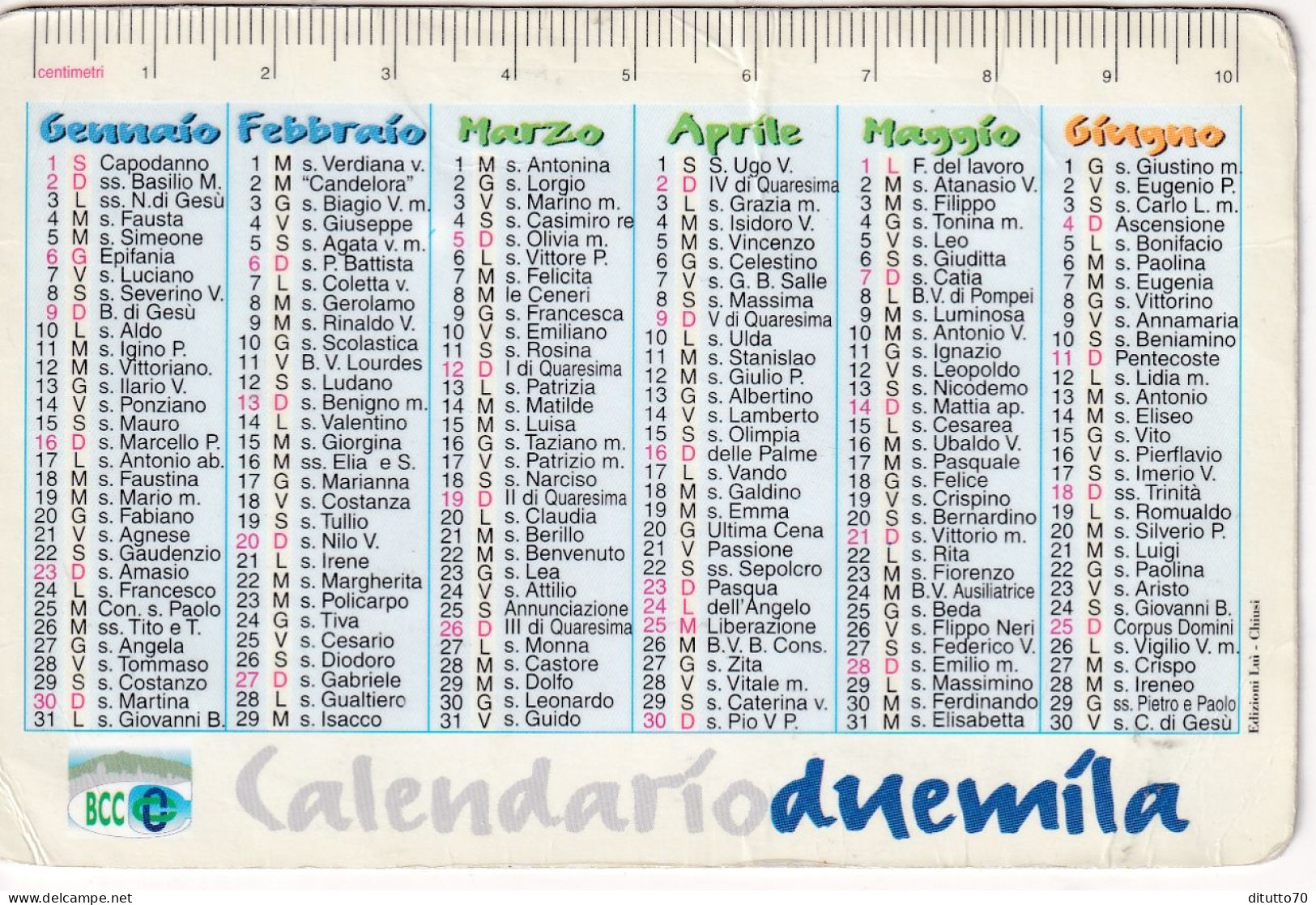 Calendarietto - Banca Valdichiana - Credito Cooperativo - Tosco - Umbro - Anno 2000 - Klein Formaat: 1991-00