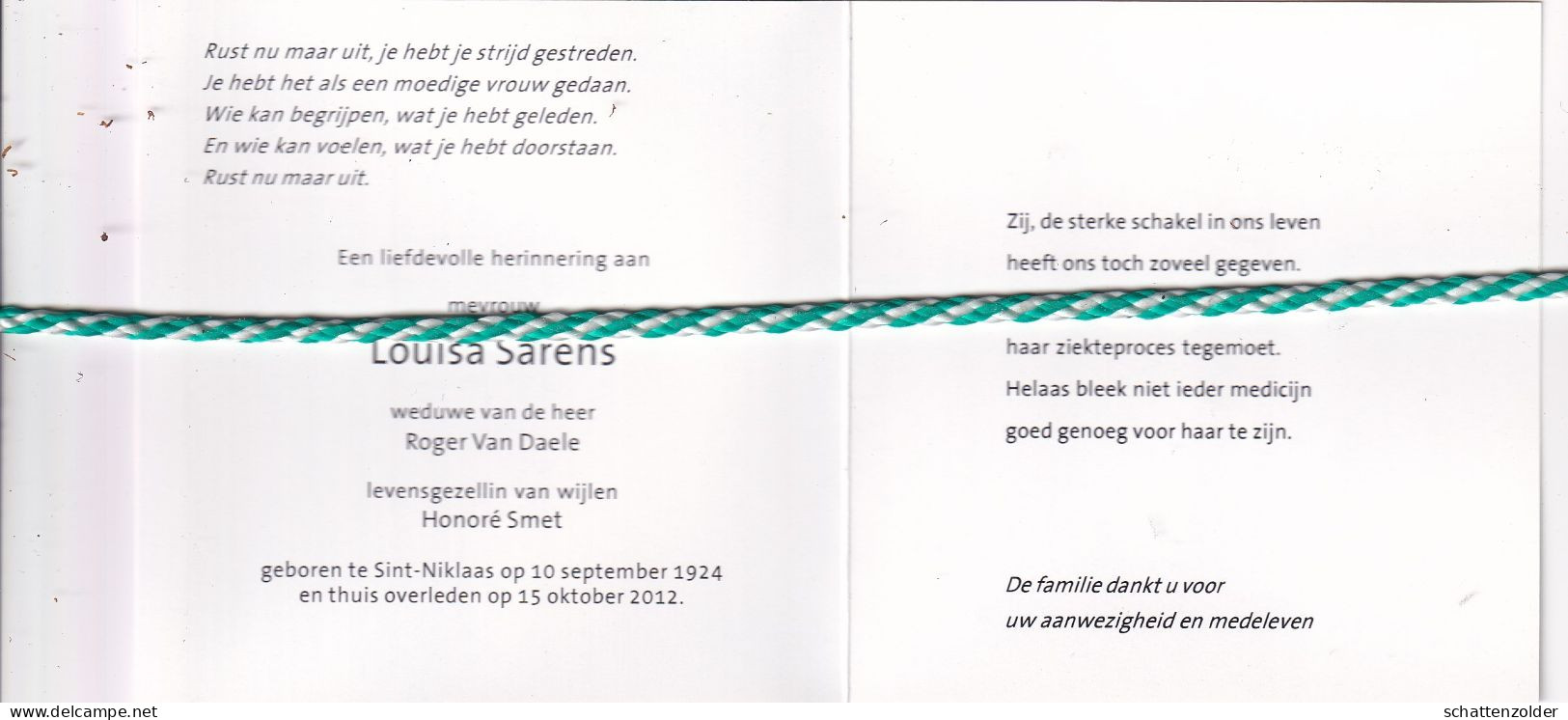 Louisa Sarens-Van Daele-Smet, Sint-Niklaas 1924, 2012. Foto - Obituary Notices